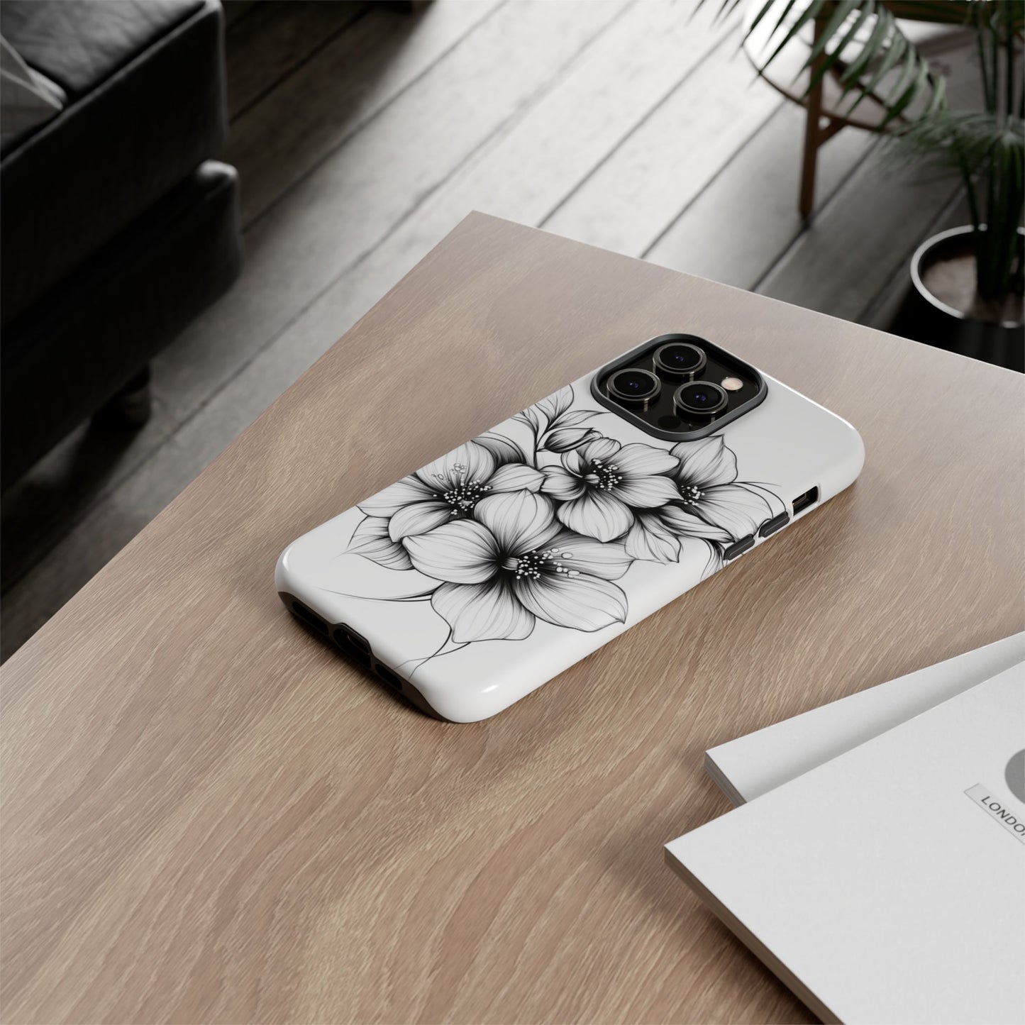 Floral Sketch Tough Case — Black & White Hand-Drawn Blossom Phone Cover