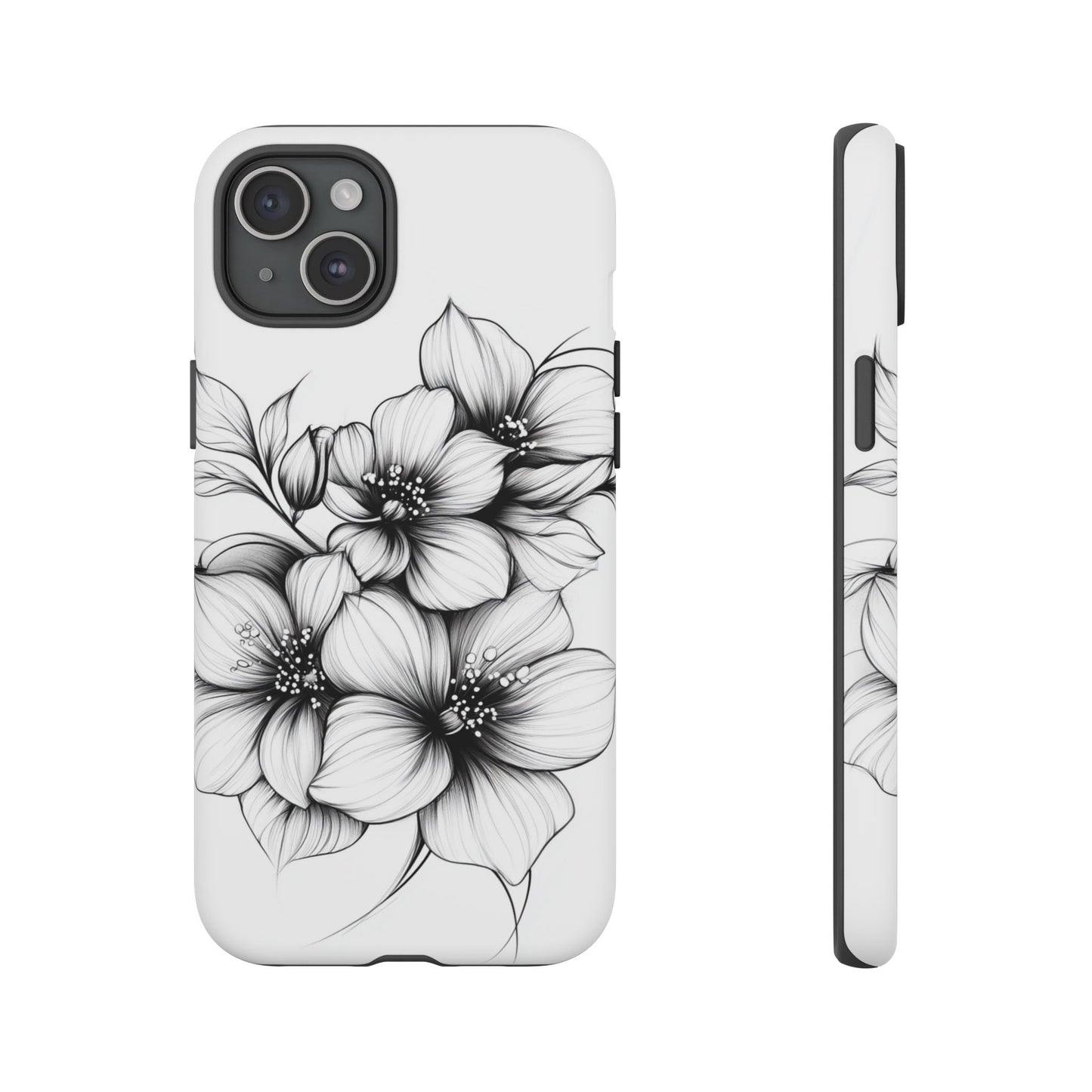 Floral Sketch Tough Case — Black & White Hand-Drawn Blossom Phone Cover