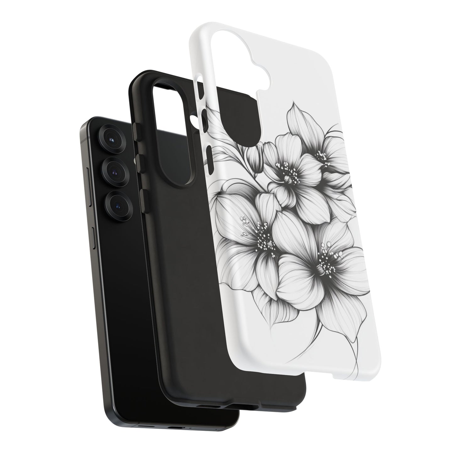 Floral Sketch Tough Case — Black & White Hand-Drawn Blossom Phone Cover