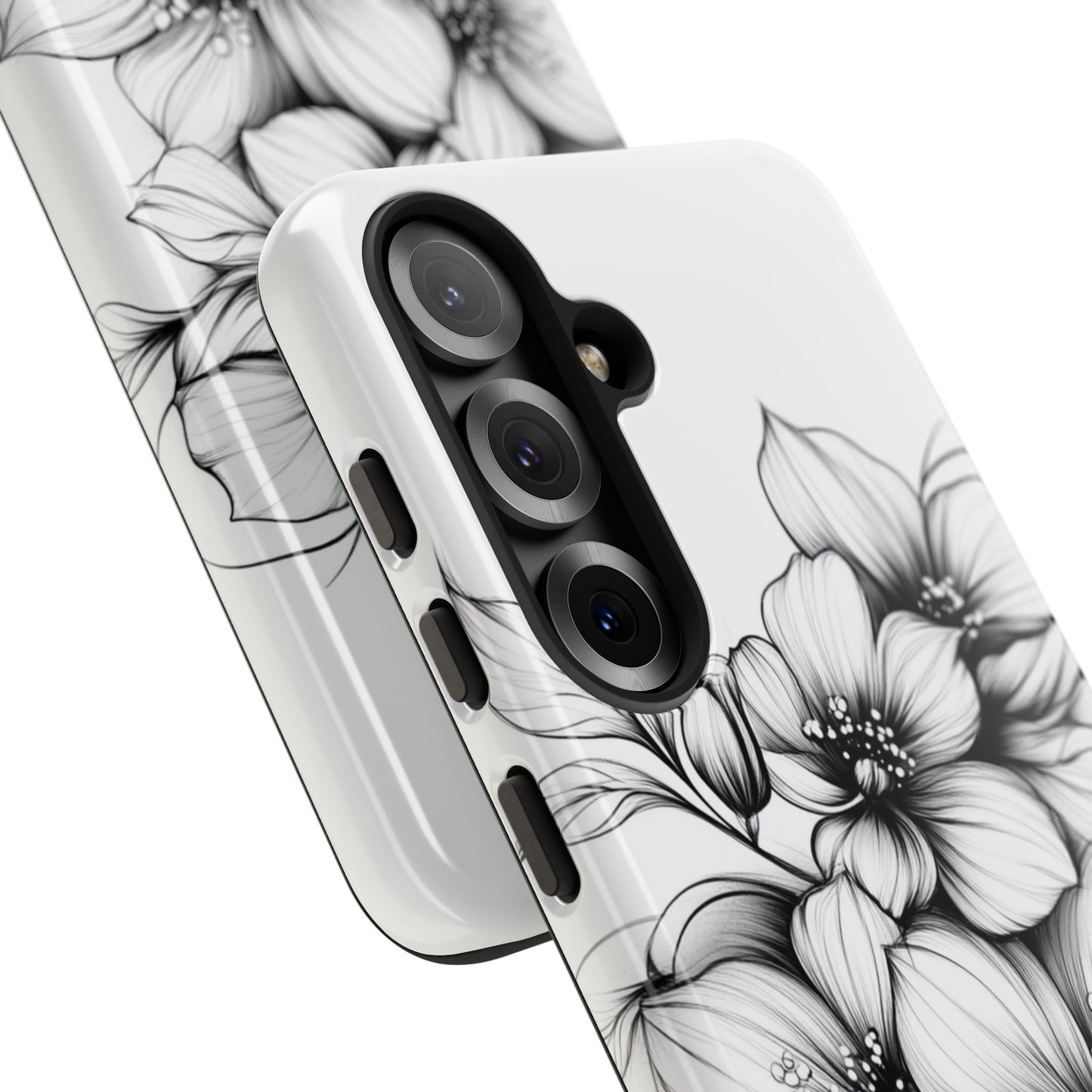 Floral Sketch Tough Case — Black & White Hand-Drawn Blossom Phone Cover