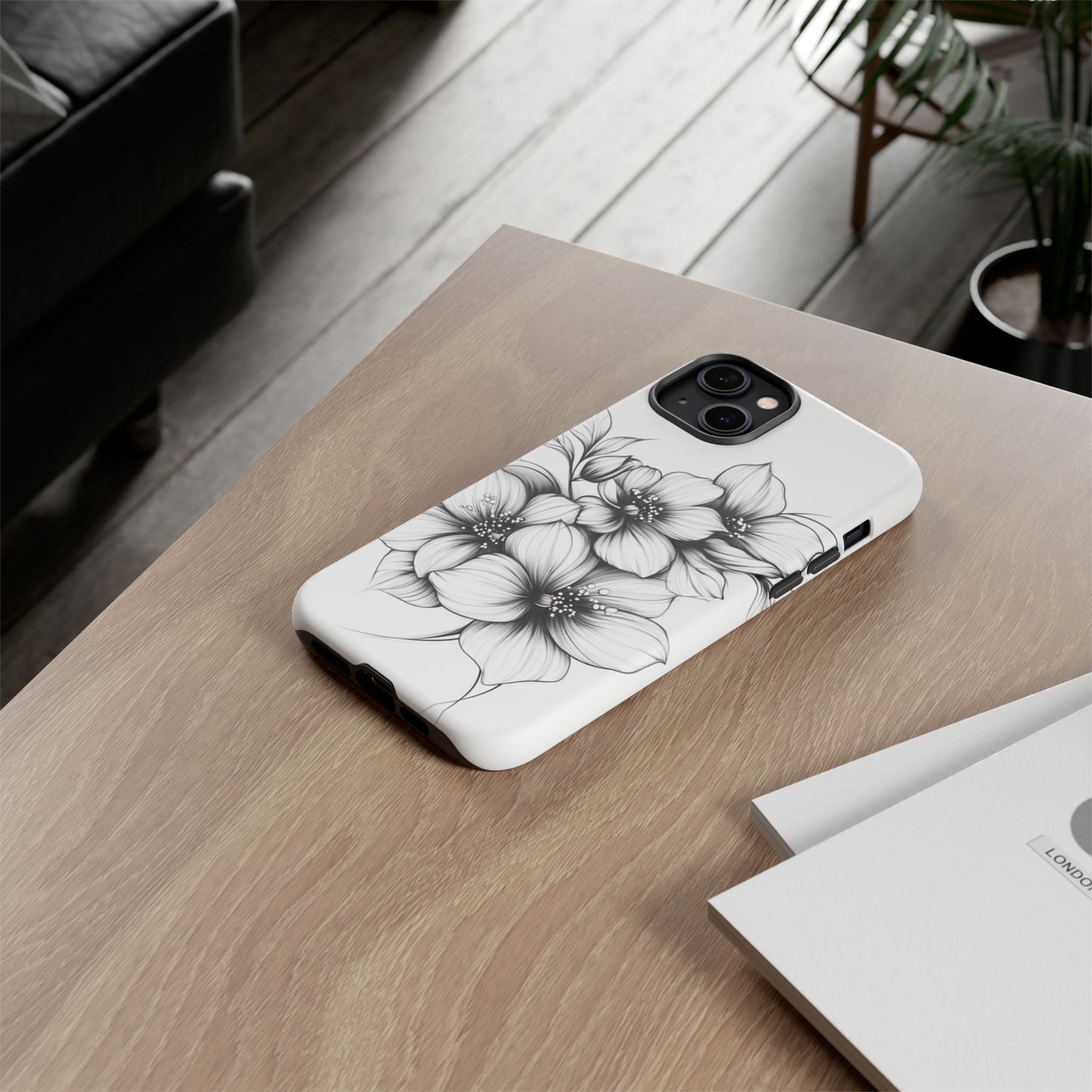Floral Sketch Tough Case — Black & White Hand-Drawn Blossom Phone Cover