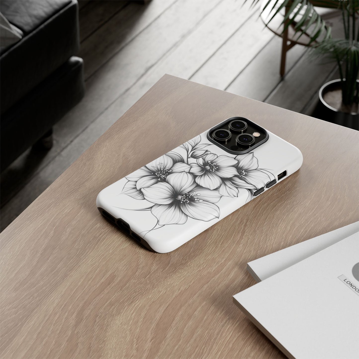 Floral Sketch Tough Case — Black & White Hand-Drawn Blossom Phone Cover
