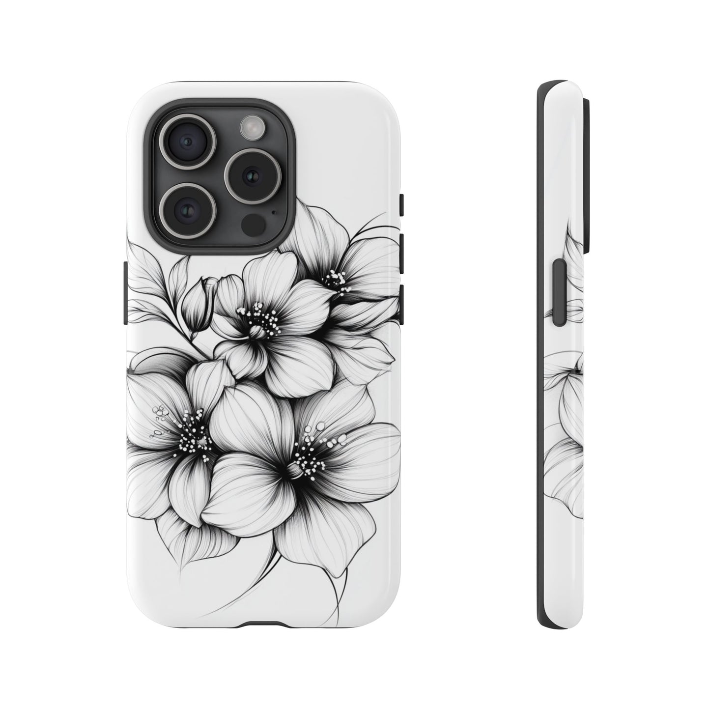 Floral Sketch Tough Case — Black & White Hand-Drawn Blossom Phone Cover