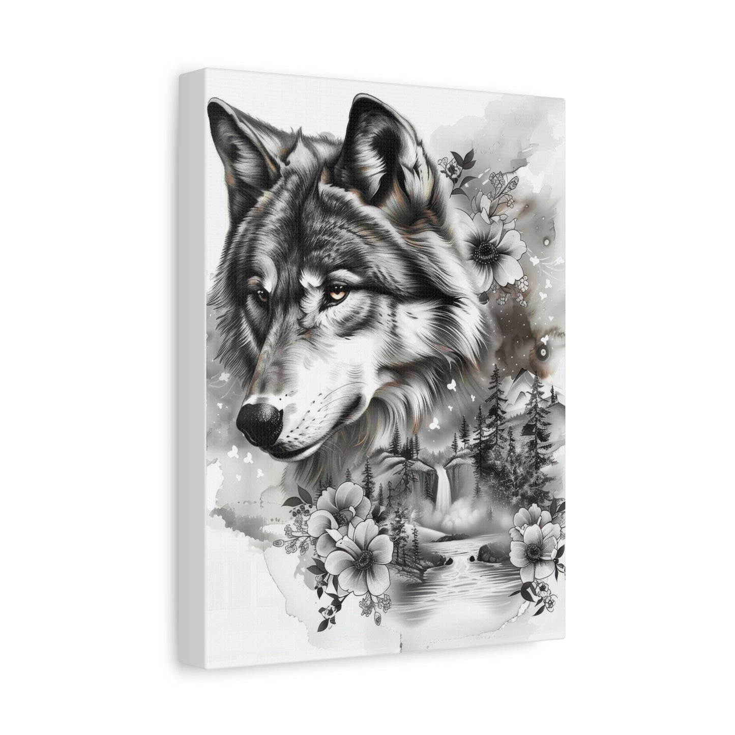 Monochrome Wolf Canvas Wall Art – Majestic Grey Forest Portrait on Stretched Matte Canvas