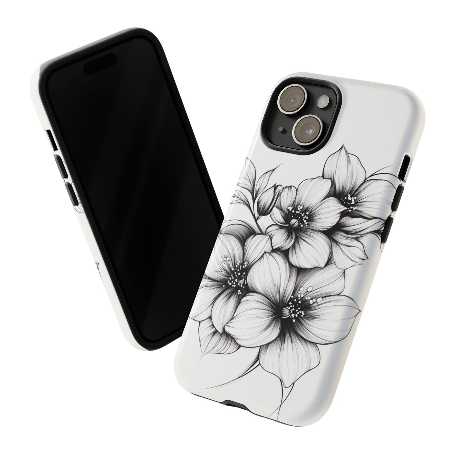 Floral Sketch Tough Case — Black & White Hand-Drawn Blossom Phone Cover