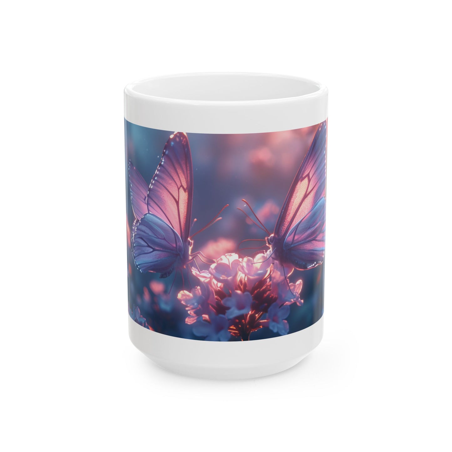 Butterfly Garden Ceramic Mug — Dreamy Purple Floral Butterfly Coffee Cup 15oz
