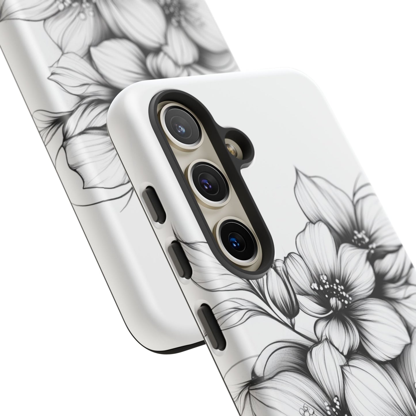 Floral Sketch Tough Case — Black & White Hand-Drawn Blossom Phone Cover