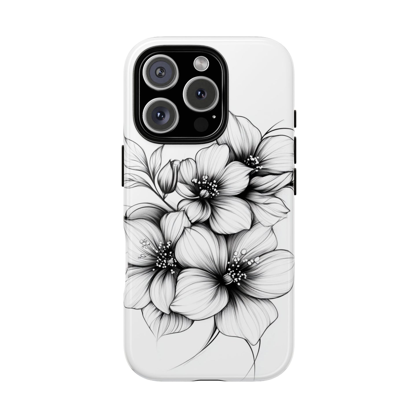 Floral Sketch Tough Case — Black & White Hand-Drawn Blossom Phone Cover