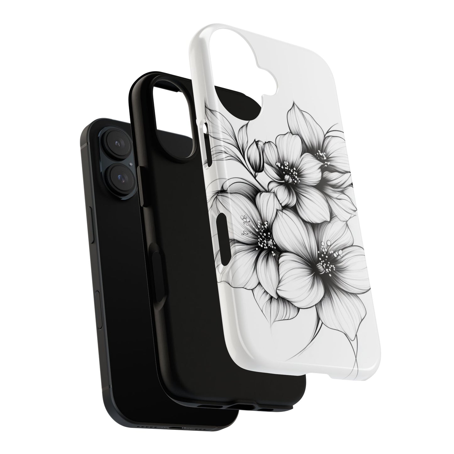 Floral Sketch Tough Case — Black & White Hand-Drawn Blossom Phone Cover