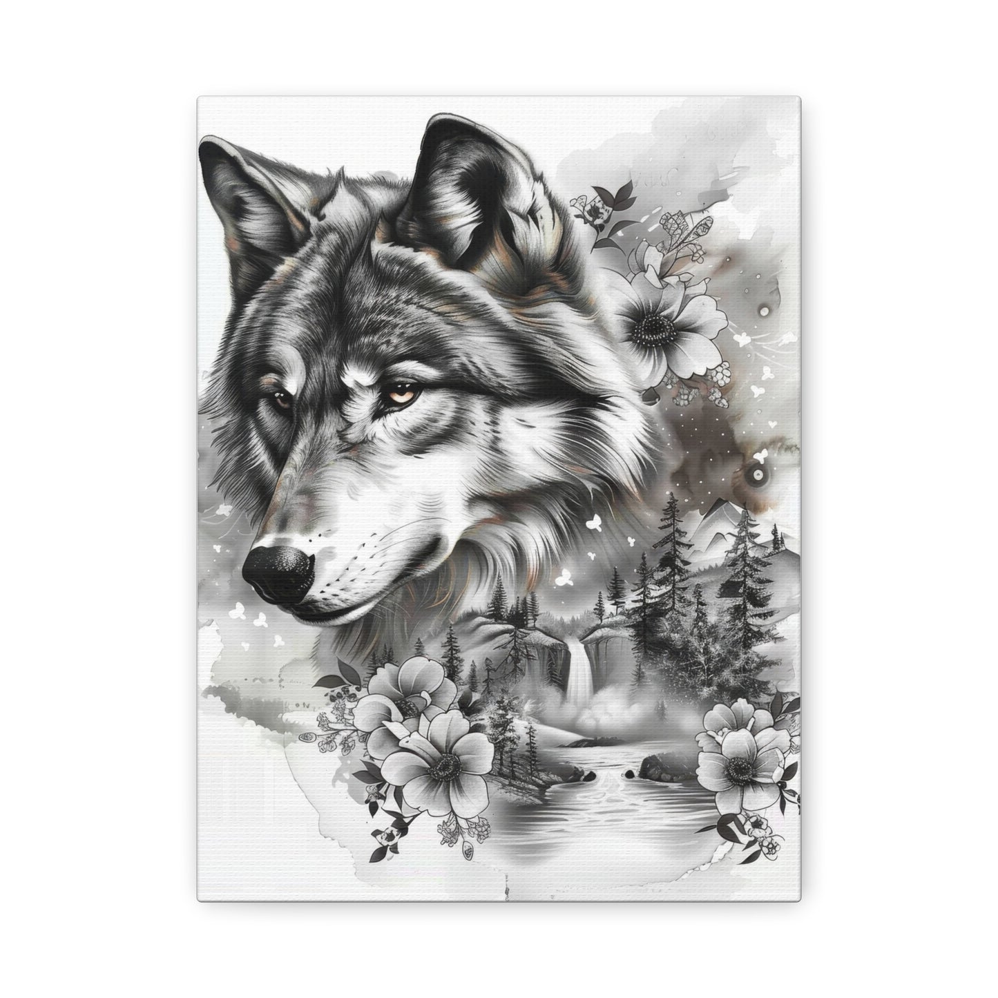 Monochrome Wolf Canvas Wall Art – Majestic Grey Forest Portrait on Stretched Matte Canvas