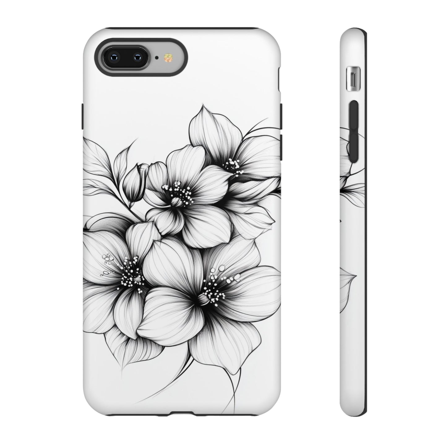 Floral Sketch Tough Case — Black & White Hand-Drawn Blossom Phone Cover