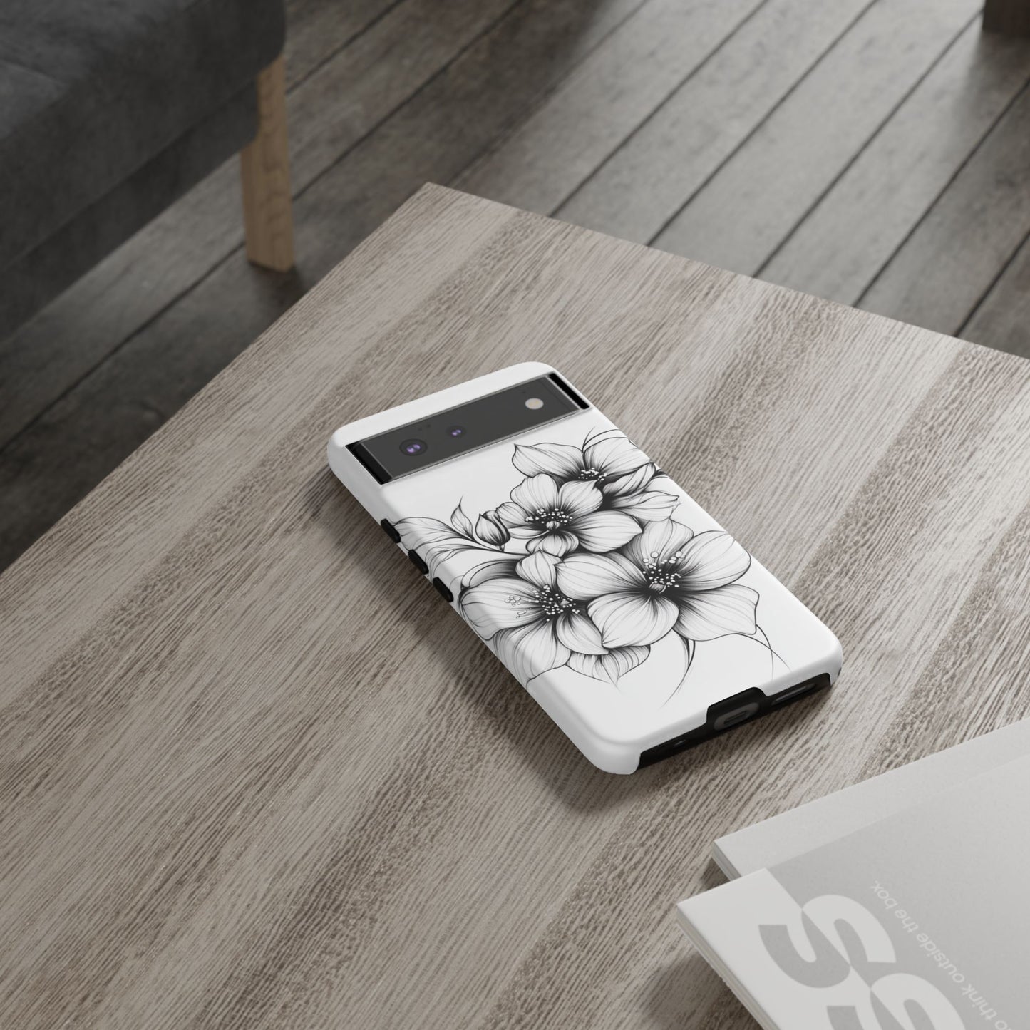 Floral Sketch Tough Case — Black & White Hand-Drawn Blossom Phone Cover