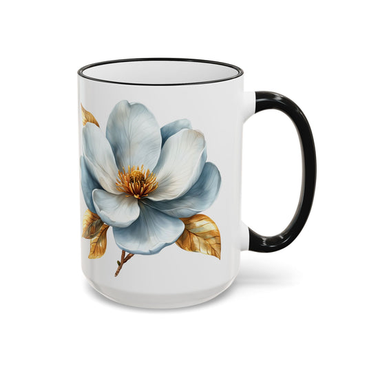 Floral Magnolia Accent Rim Mug with Cross, Blue & Gold Botanical Coffee Cup, 15oz