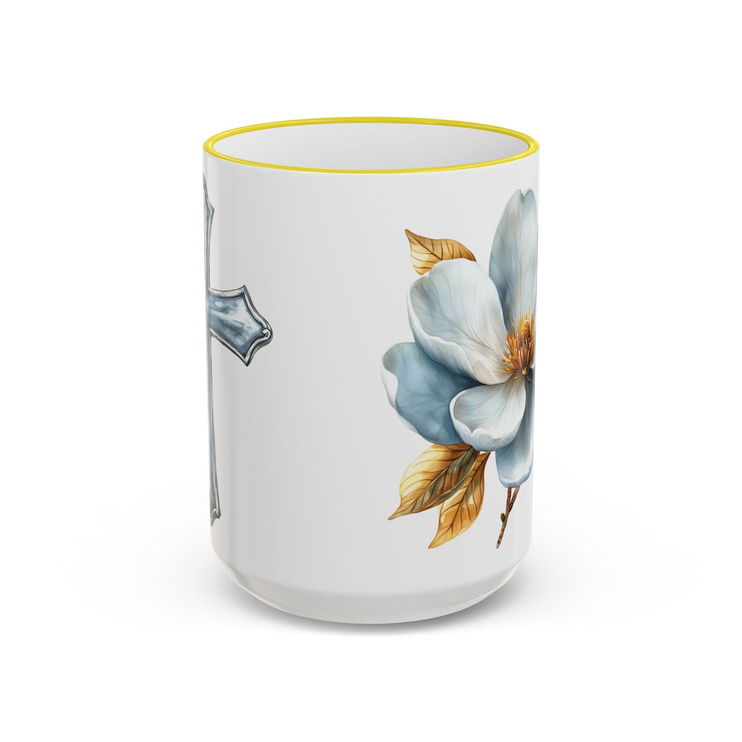 Floral Magnolia Accent Rim Mug with Cross, Blue & Gold Botanical Coffee Cup, 15oz