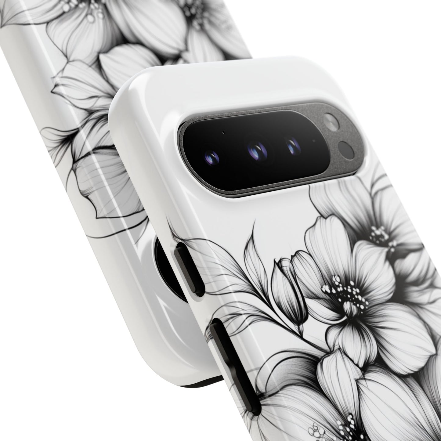 Floral Sketch Tough Case — Black & White Hand-Drawn Blossom Phone Cover
