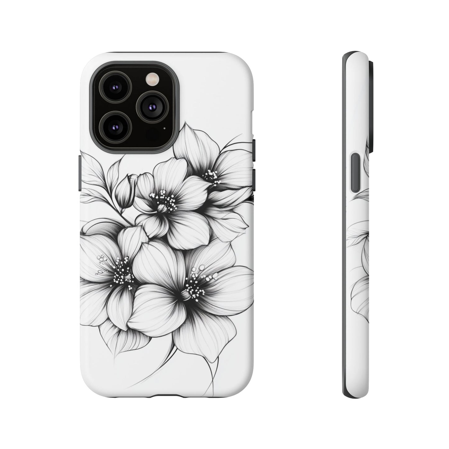 Floral Sketch Tough Case — Black & White Hand-Drawn Blossom Phone Cover