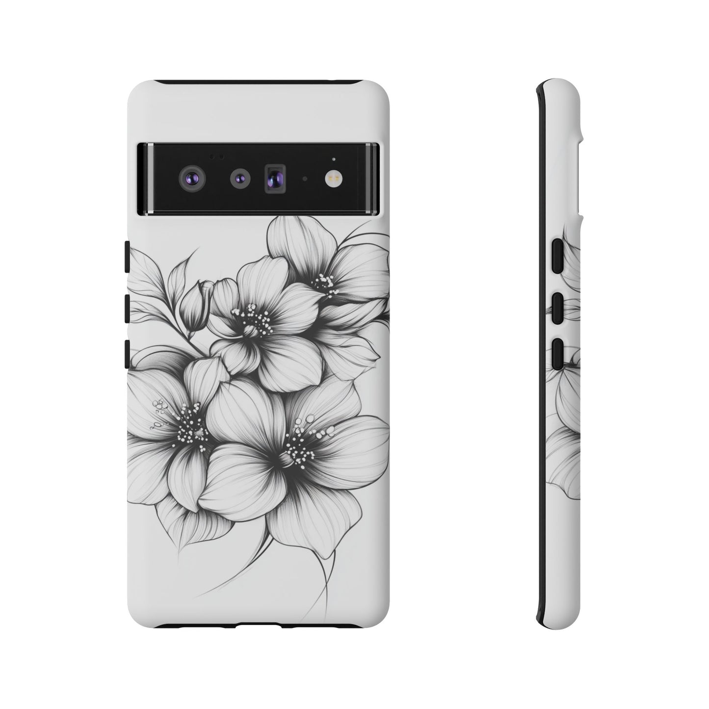 Floral Sketch Tough Case — Black & White Hand-Drawn Blossom Phone Cover