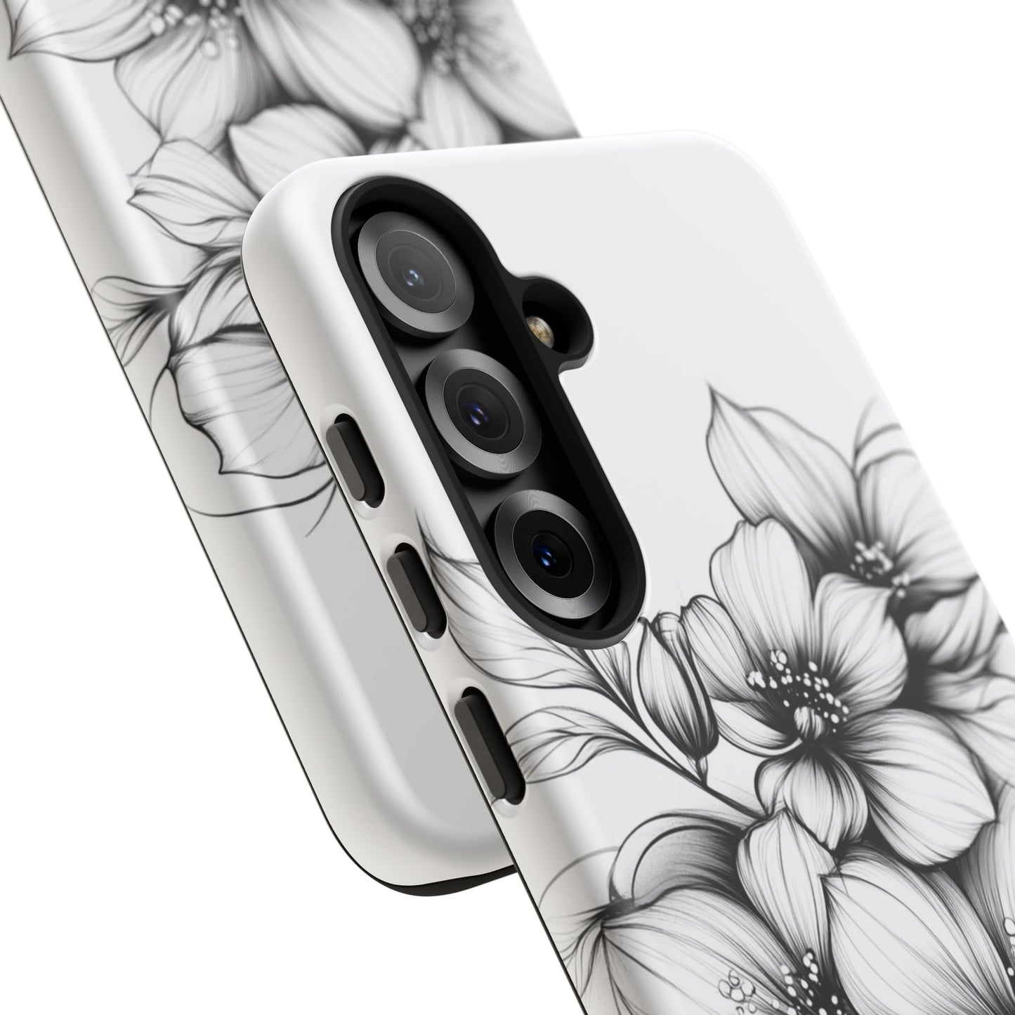 Floral Sketch Tough Case — Black & White Hand-Drawn Blossom Phone Cover