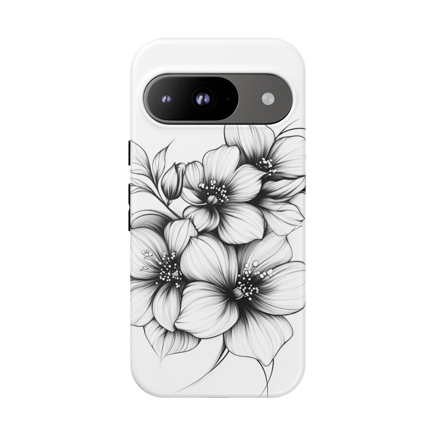 Floral Sketch Tough Case — Black & White Hand-Drawn Blossom Phone Cover