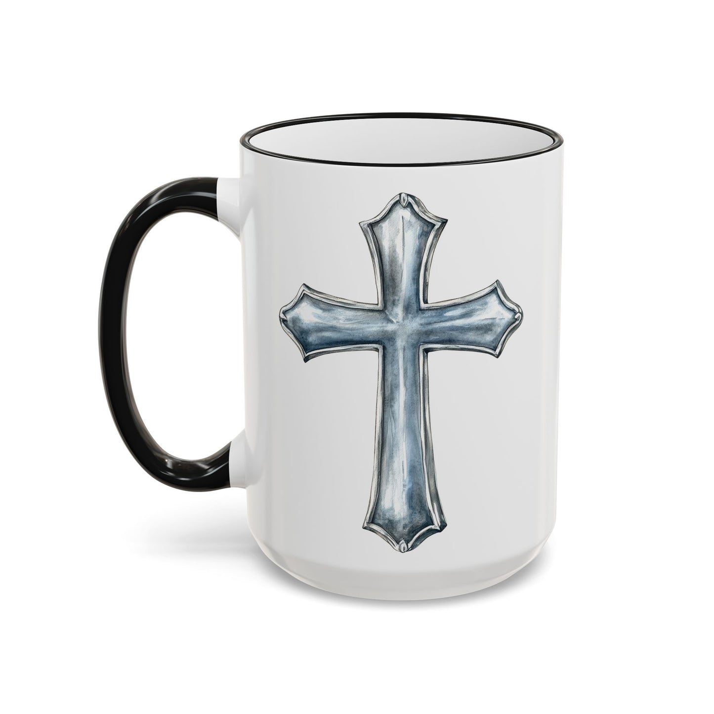 Floral Magnolia Accent Rim Mug with Cross, Blue & Gold Botanical Coffee Cup, 15oz
