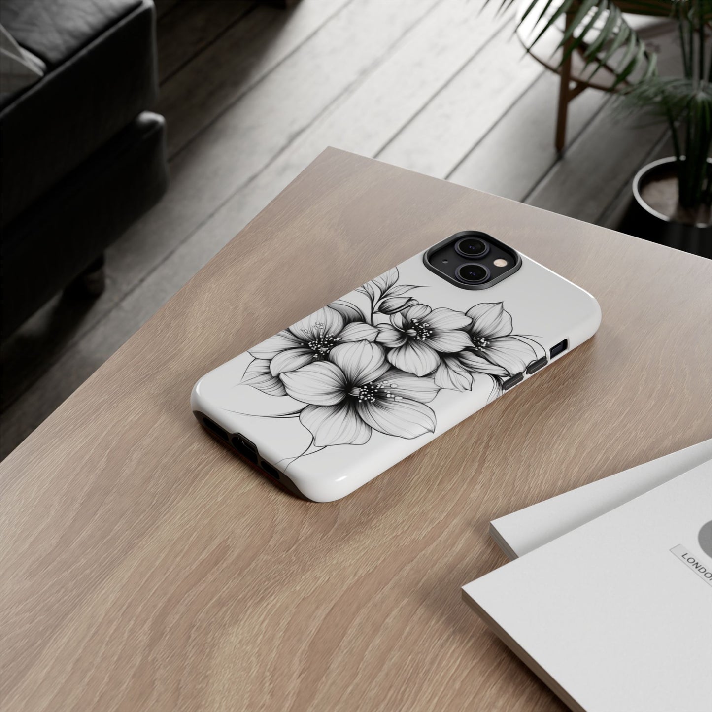 Floral Sketch Tough Case — Black & White Hand-Drawn Blossom Phone Cover