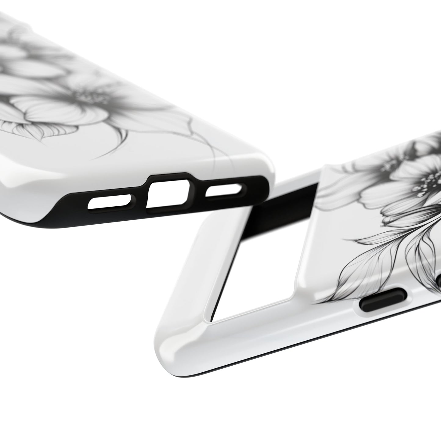 Floral Sketch Tough Case — Black & White Hand-Drawn Blossom Phone Cover