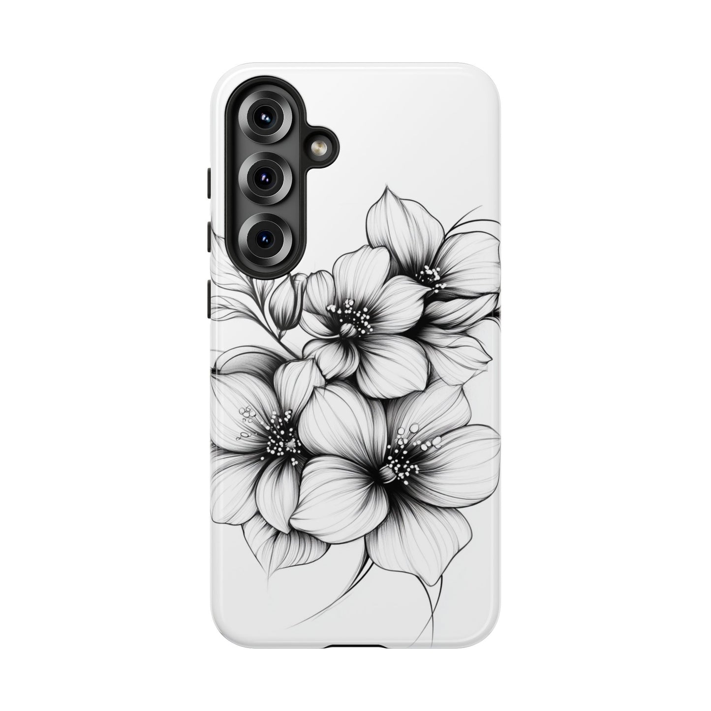 Floral Sketch Tough Case — Black & White Hand-Drawn Blossom Phone Cover