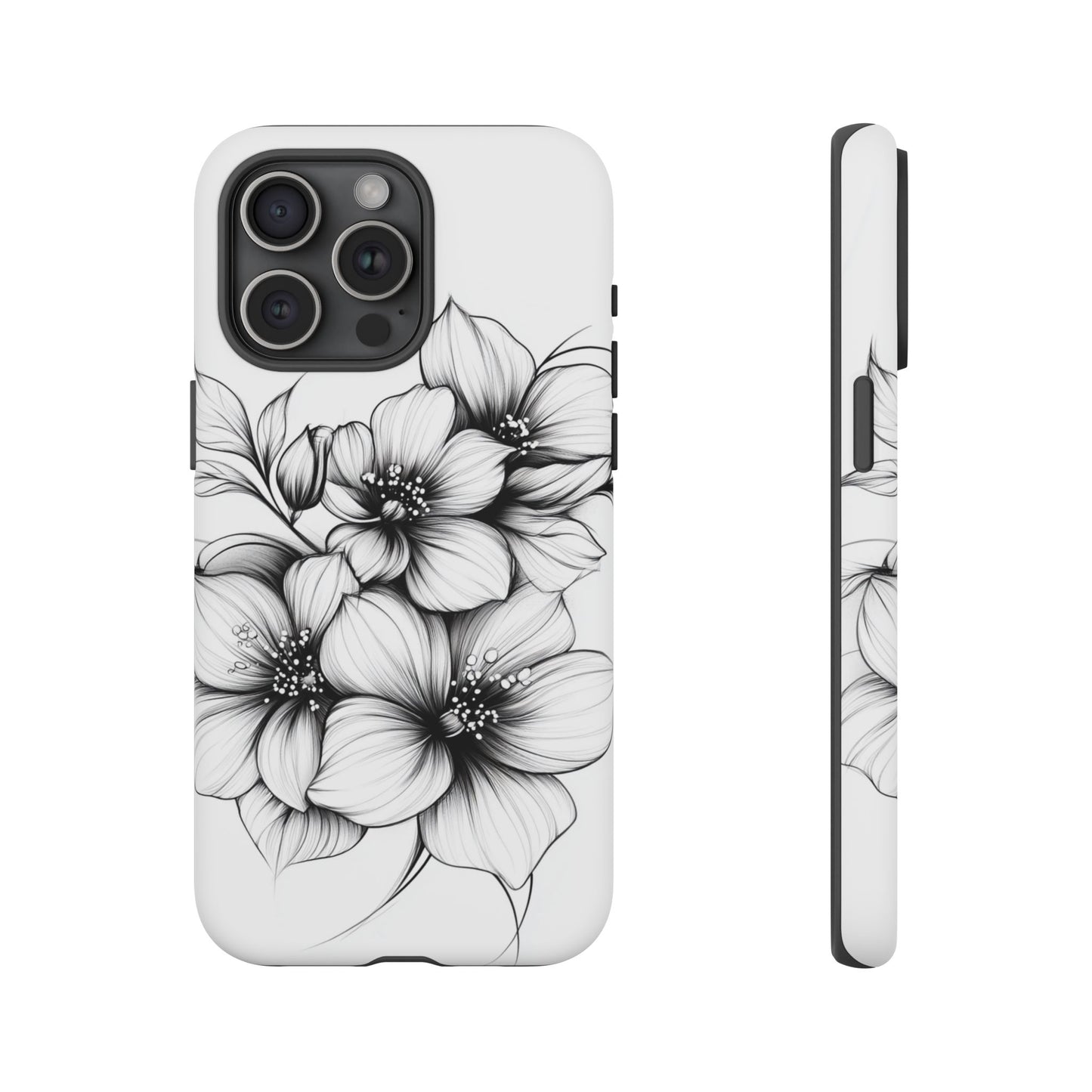 Floral Sketch Tough Case — Black & White Hand-Drawn Blossom Phone Cover