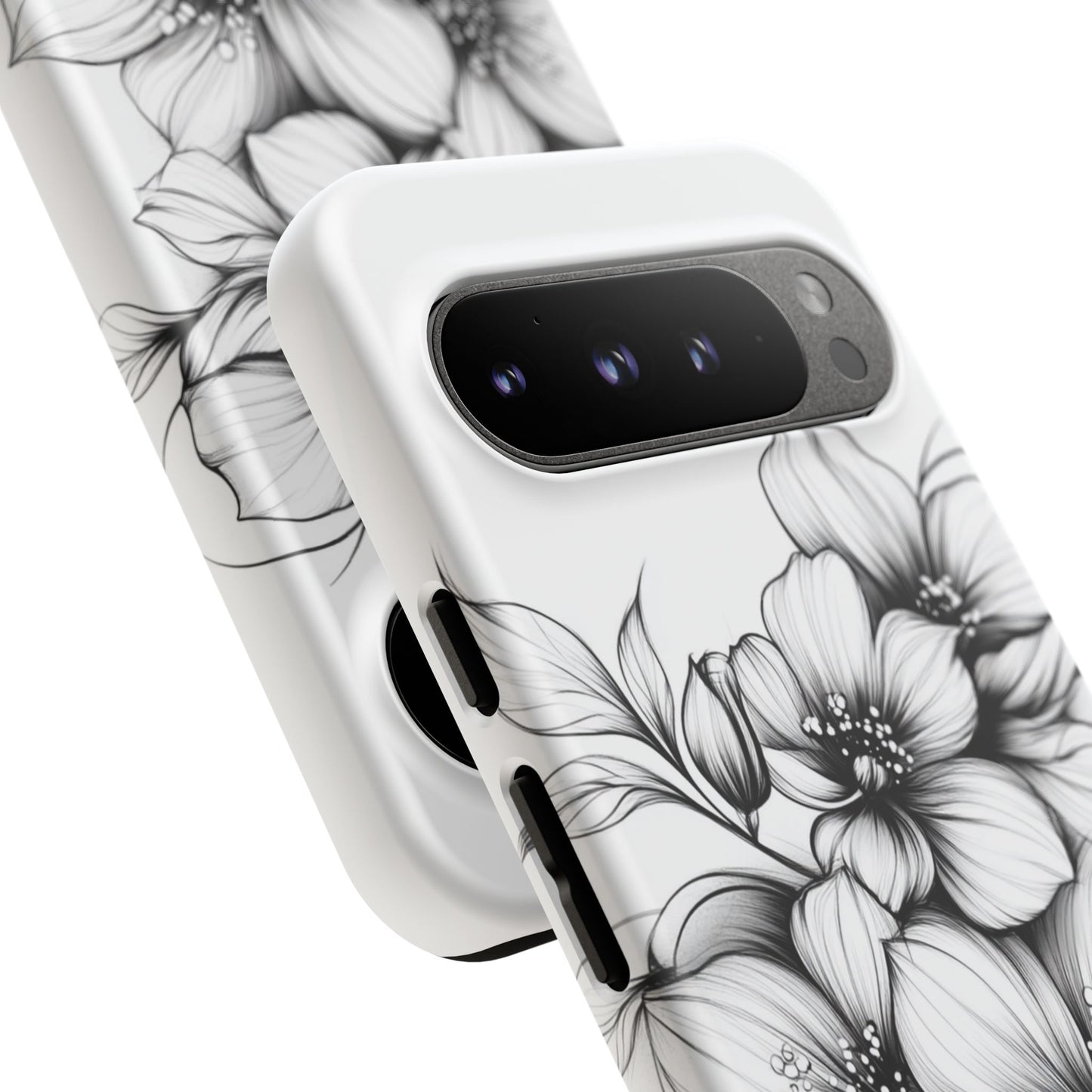 Floral Sketch Tough Case — Black & White Hand-Drawn Blossom Phone Cover