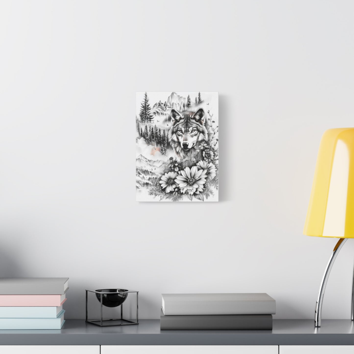 Wolf & Wildflowers Matte Canvas Art — Black & White Nature Wall Decor