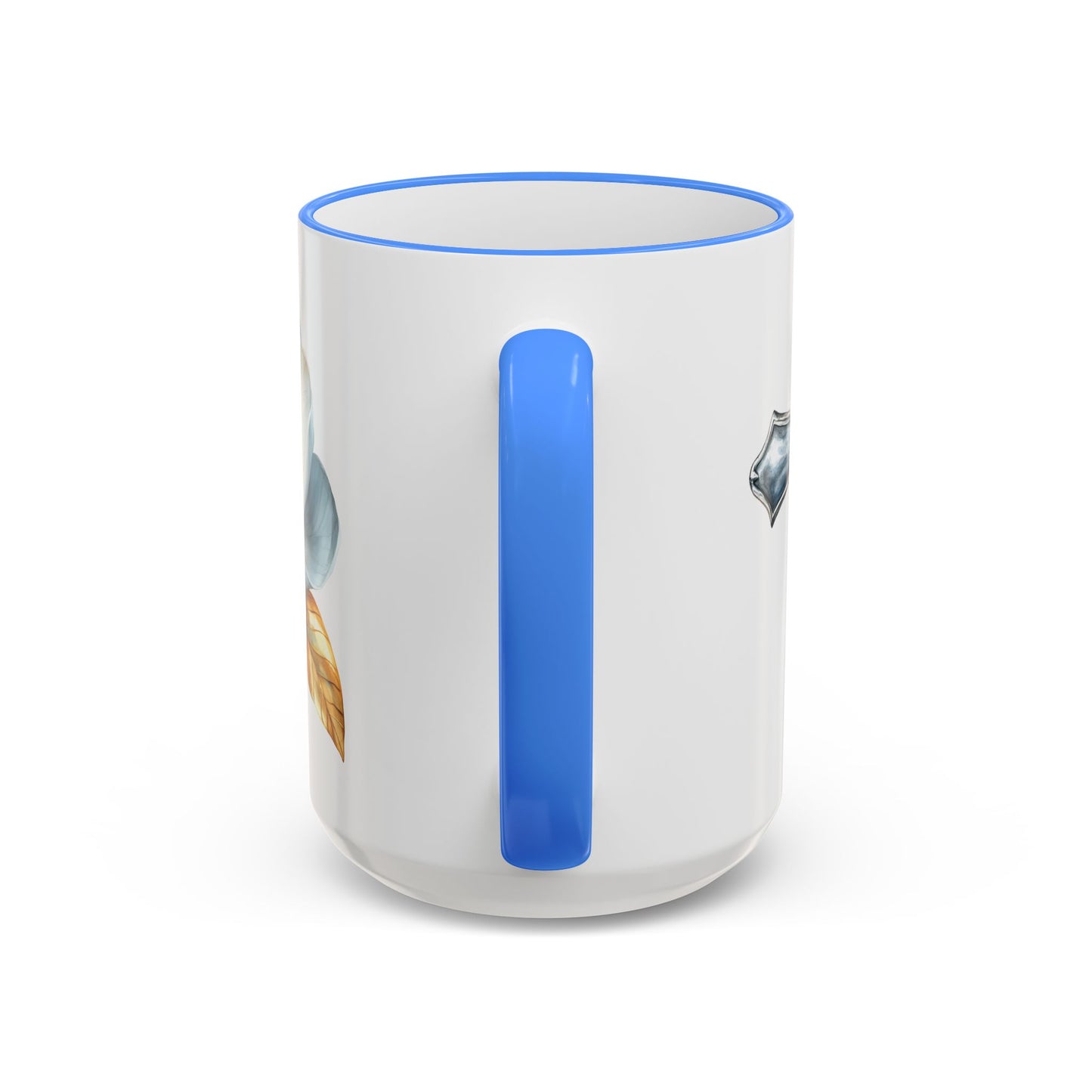 Floral Magnolia Accent Rim Mug with Cross, Blue & Gold Botanical Coffee Cup, 15oz