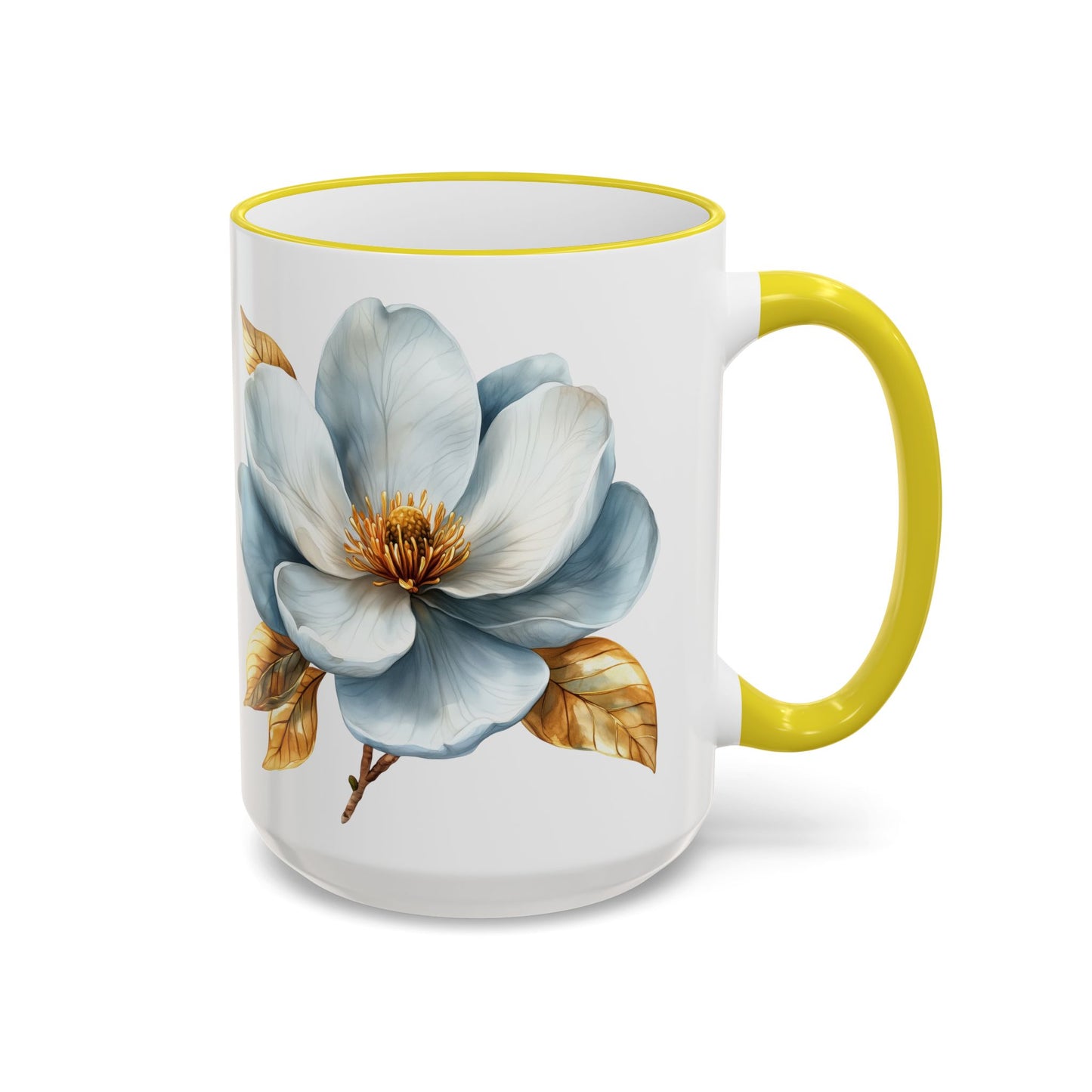 Floral Magnolia Accent Rim Mug with Cross, Blue & Gold Botanical Coffee Cup, 15oz