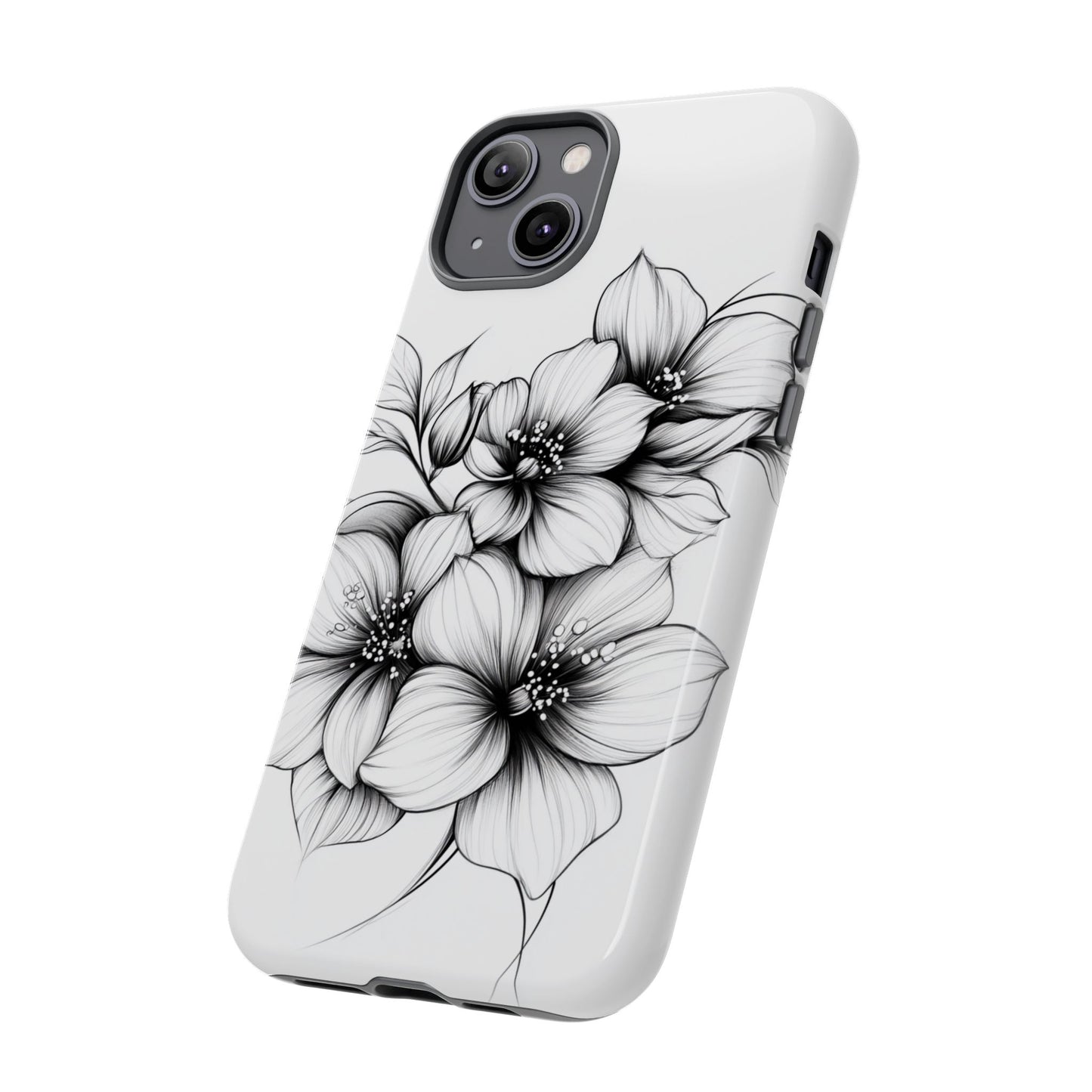 Floral Sketch Tough Case — Black & White Hand-Drawn Blossom Phone Cover