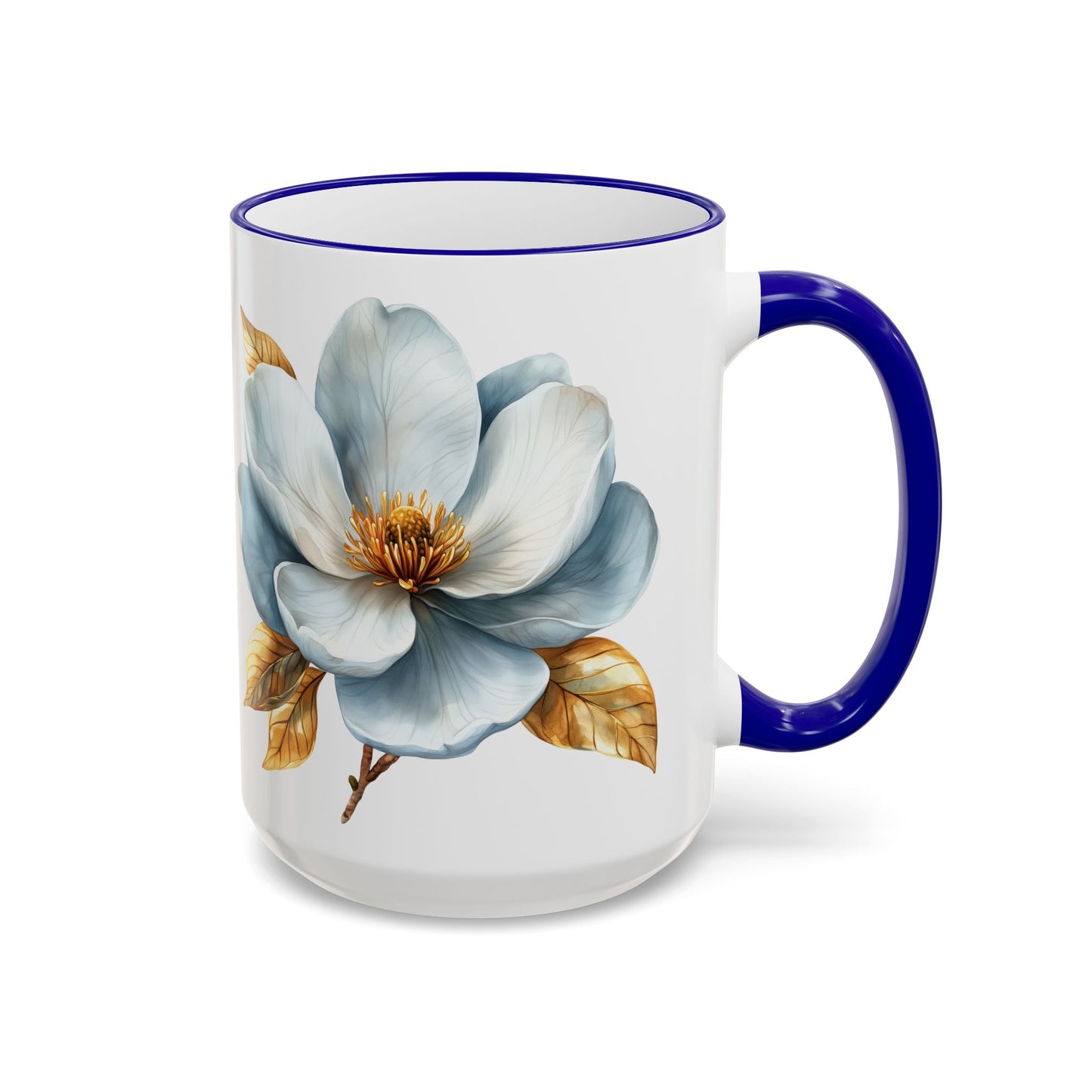 Floral Magnolia Accent Rim Mug with Cross, Blue & Gold Botanical Coffee Cup, 15oz