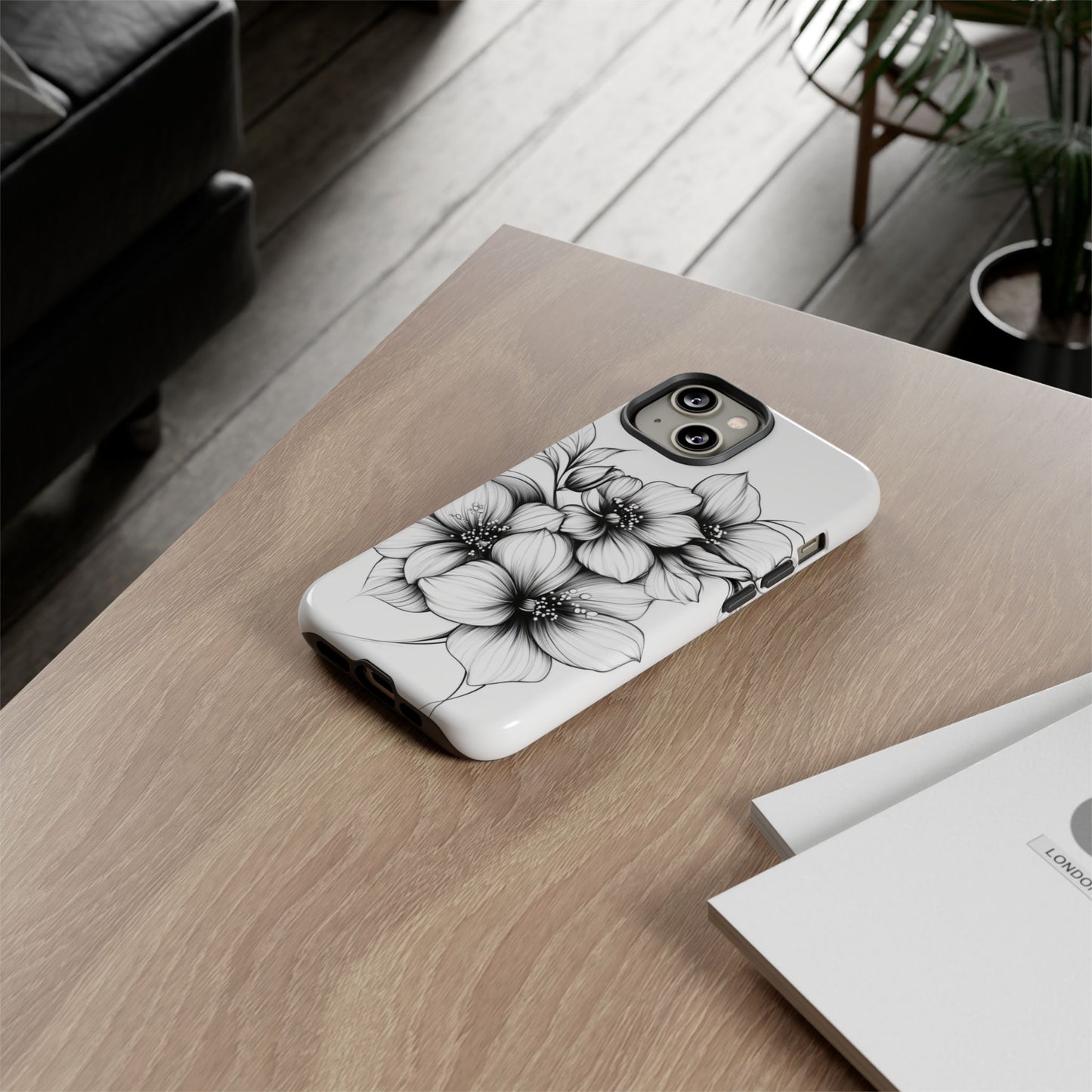 Floral Sketch Tough Case — Black & White Hand-Drawn Blossom Phone Cover