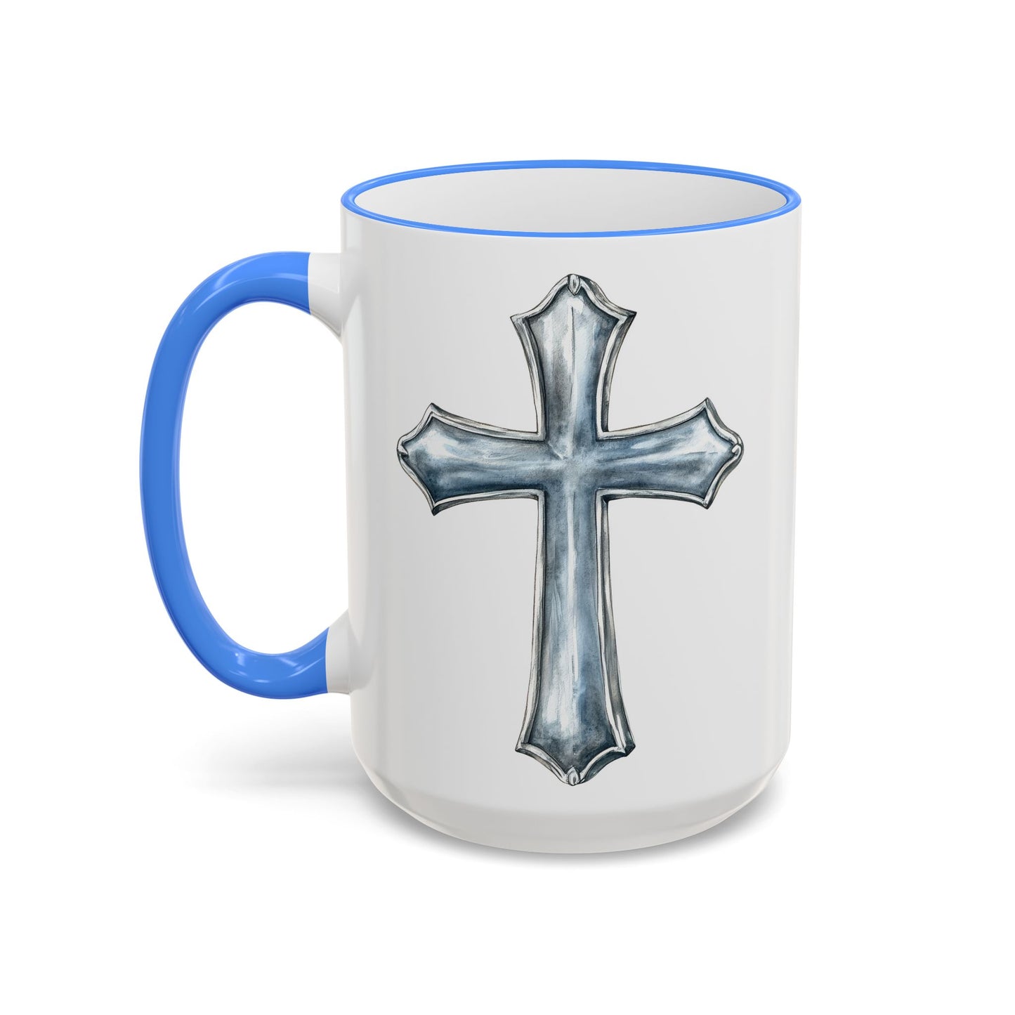Floral Magnolia Accent Rim Mug with Cross, Blue & Gold Botanical Coffee Cup, 15oz