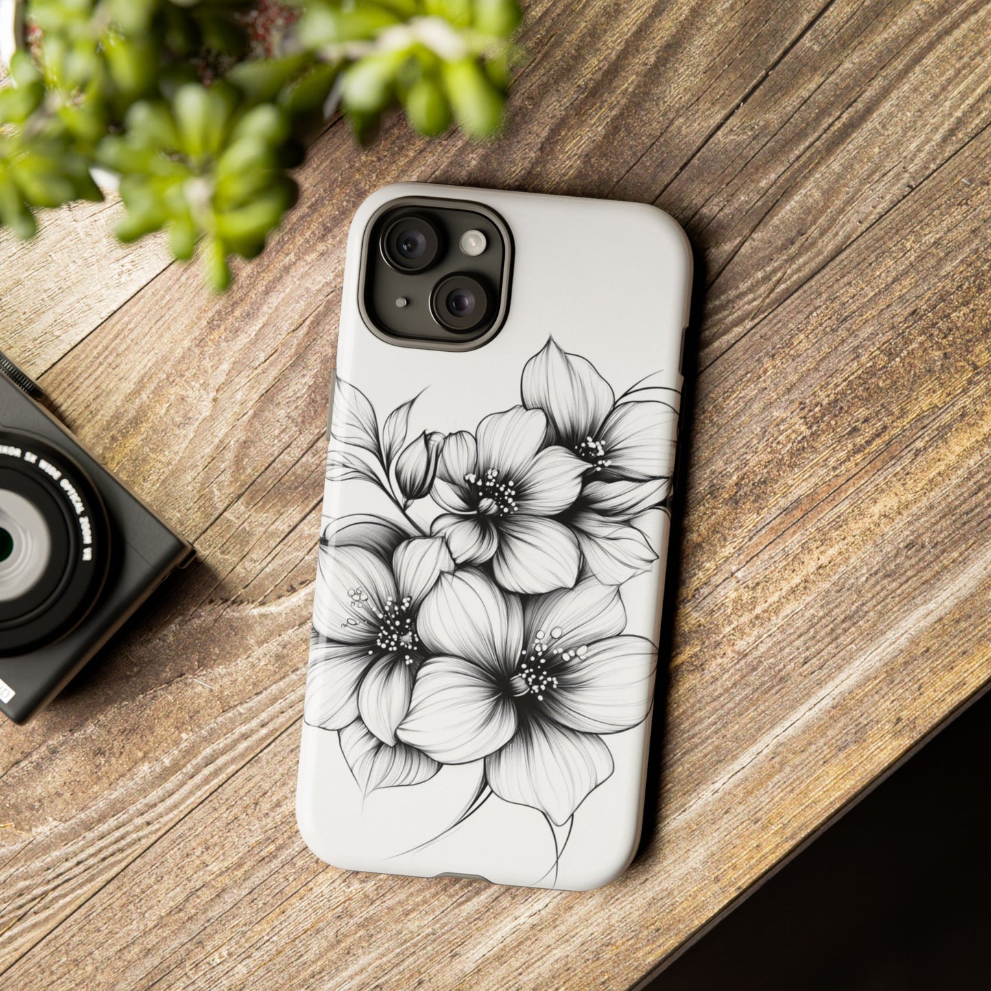 Floral Sketch Tough Case — Black & White Hand-Drawn Blossom Phone Cover
