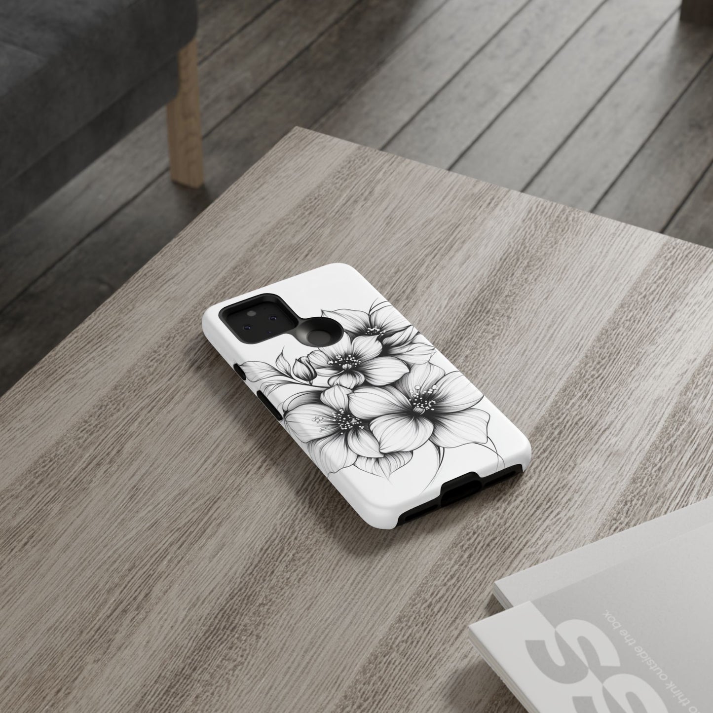 Floral Sketch Tough Case — Black & White Hand-Drawn Blossom Phone Cover