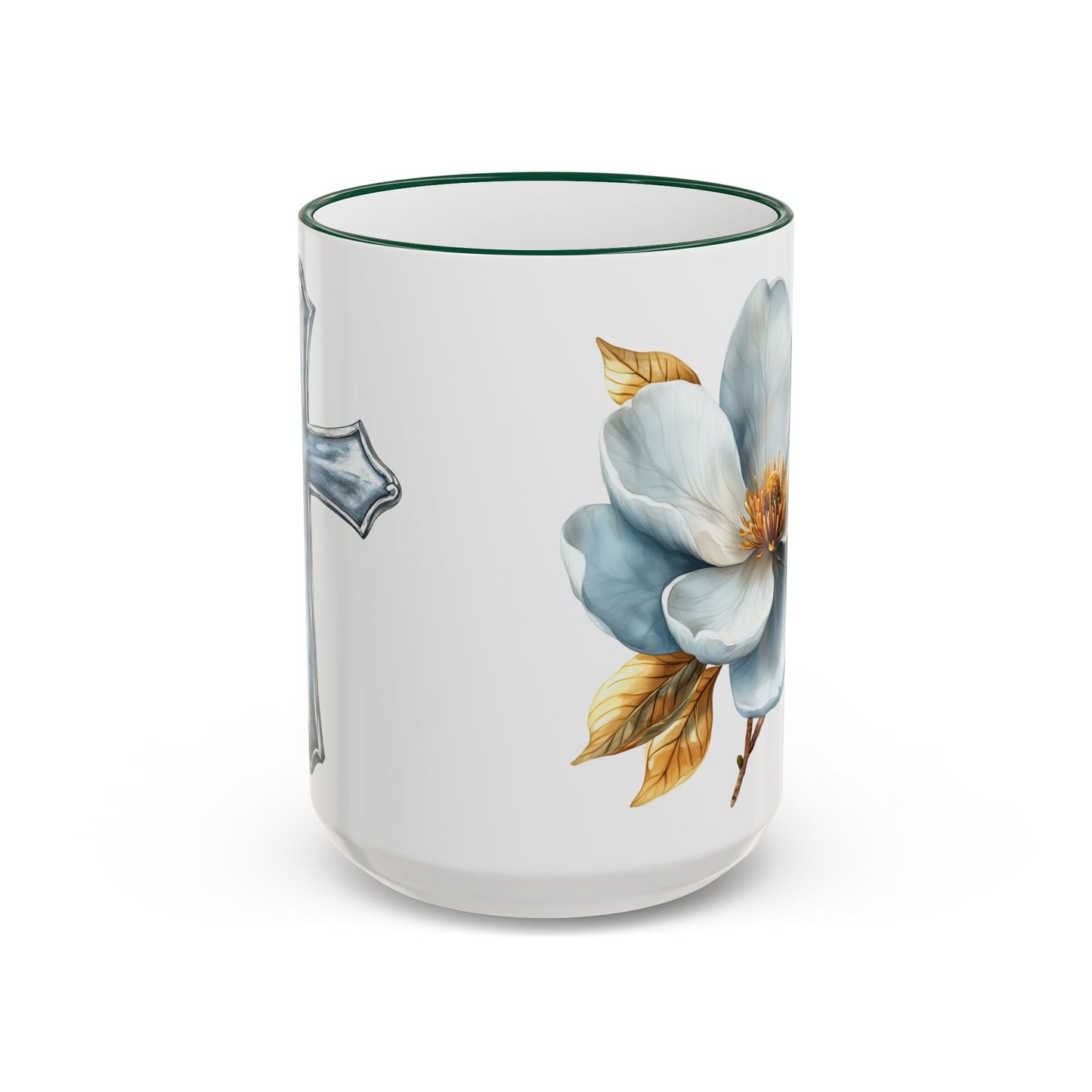 Floral Magnolia Accent Rim Mug with Cross, Blue & Gold Botanical Coffee Cup, 15oz