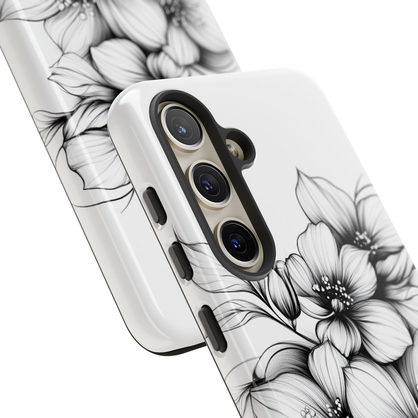 Floral Sketch Tough Case — Black & White Hand-Drawn Blossom Phone Cover