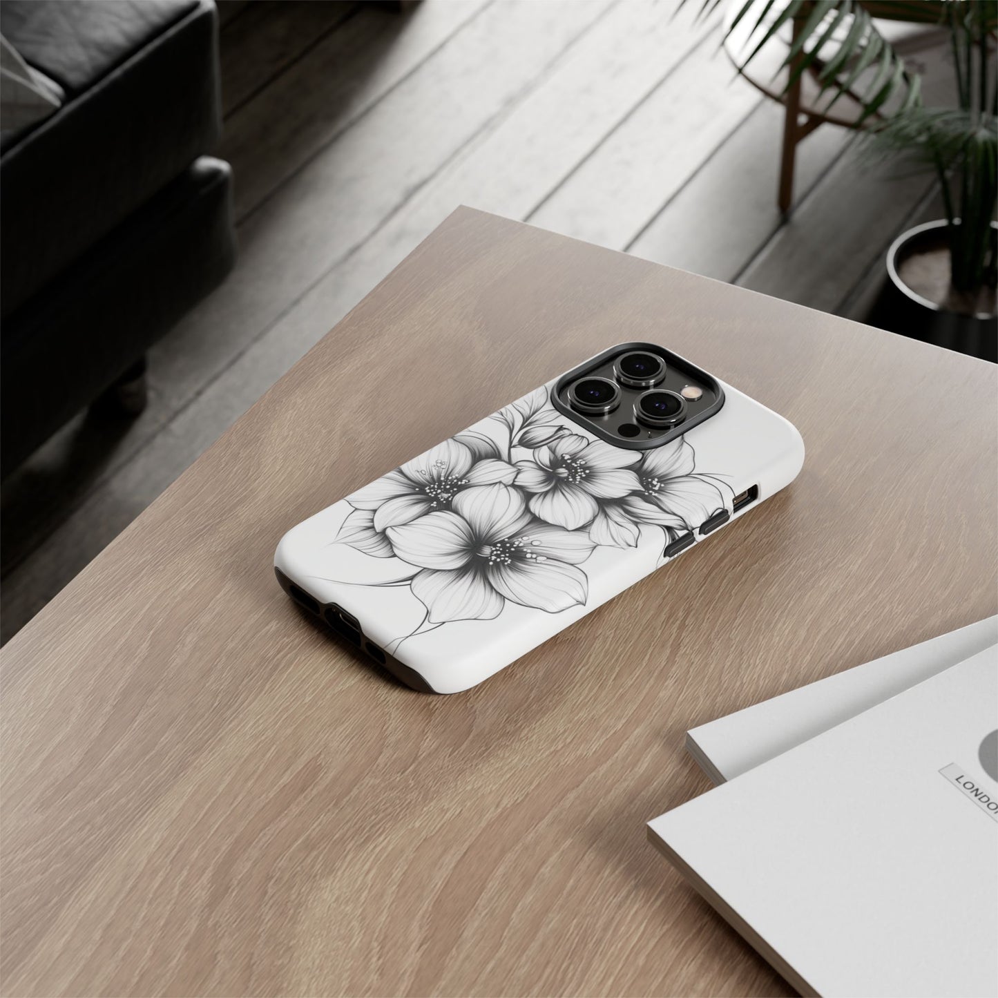 Floral Sketch Tough Case — Black & White Hand-Drawn Blossom Phone Cover
