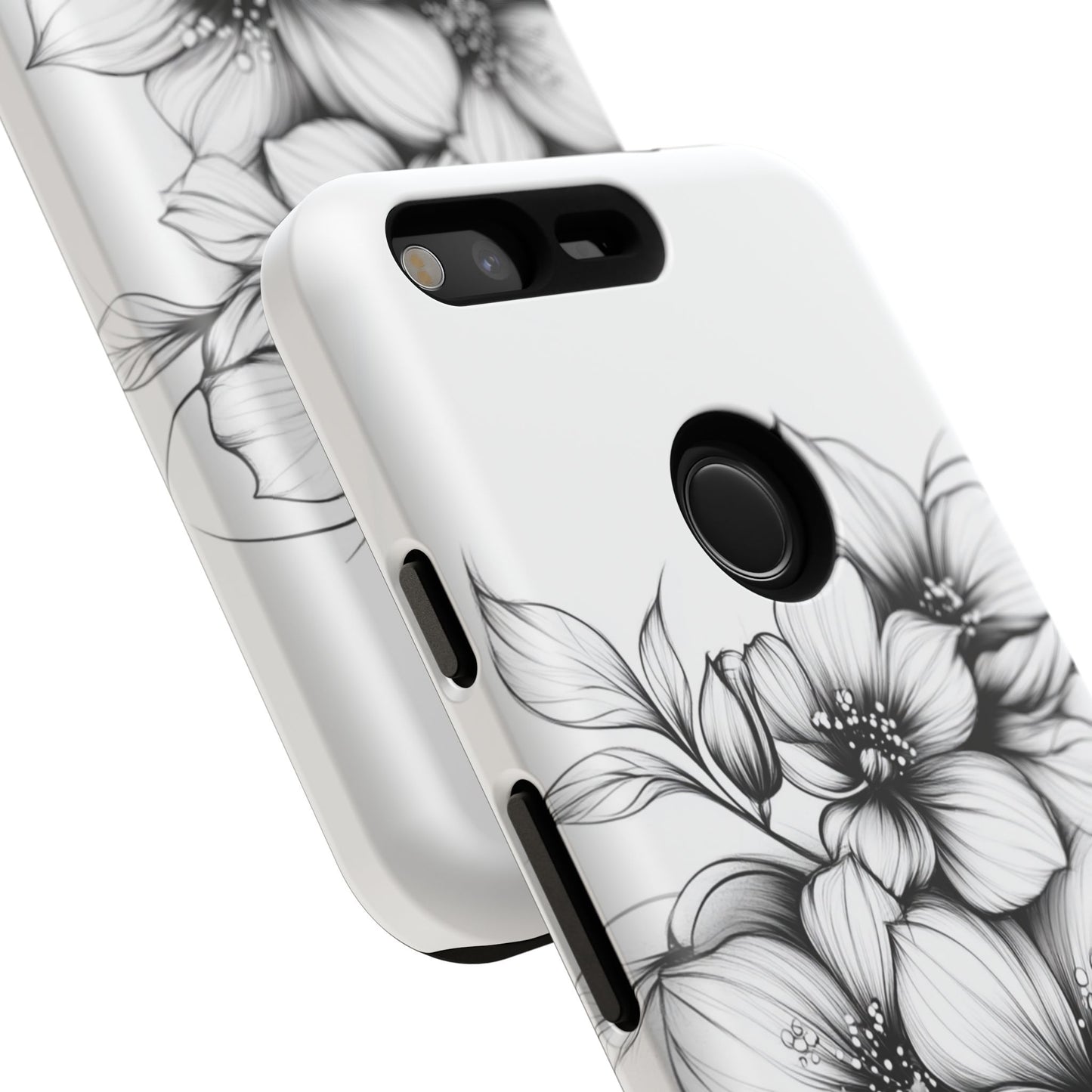 Floral Sketch Tough Case — Black & White Hand-Drawn Blossom Phone Cover