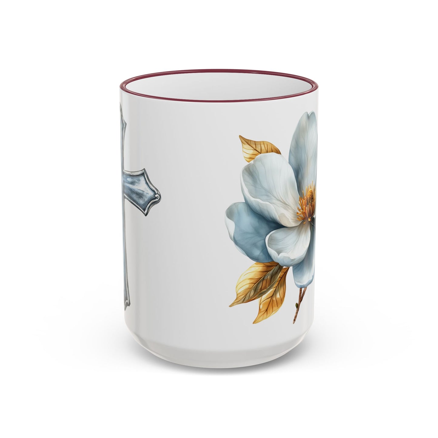 Floral Magnolia Accent Rim Mug with Cross, Blue & Gold Botanical Coffee Cup, 15oz
