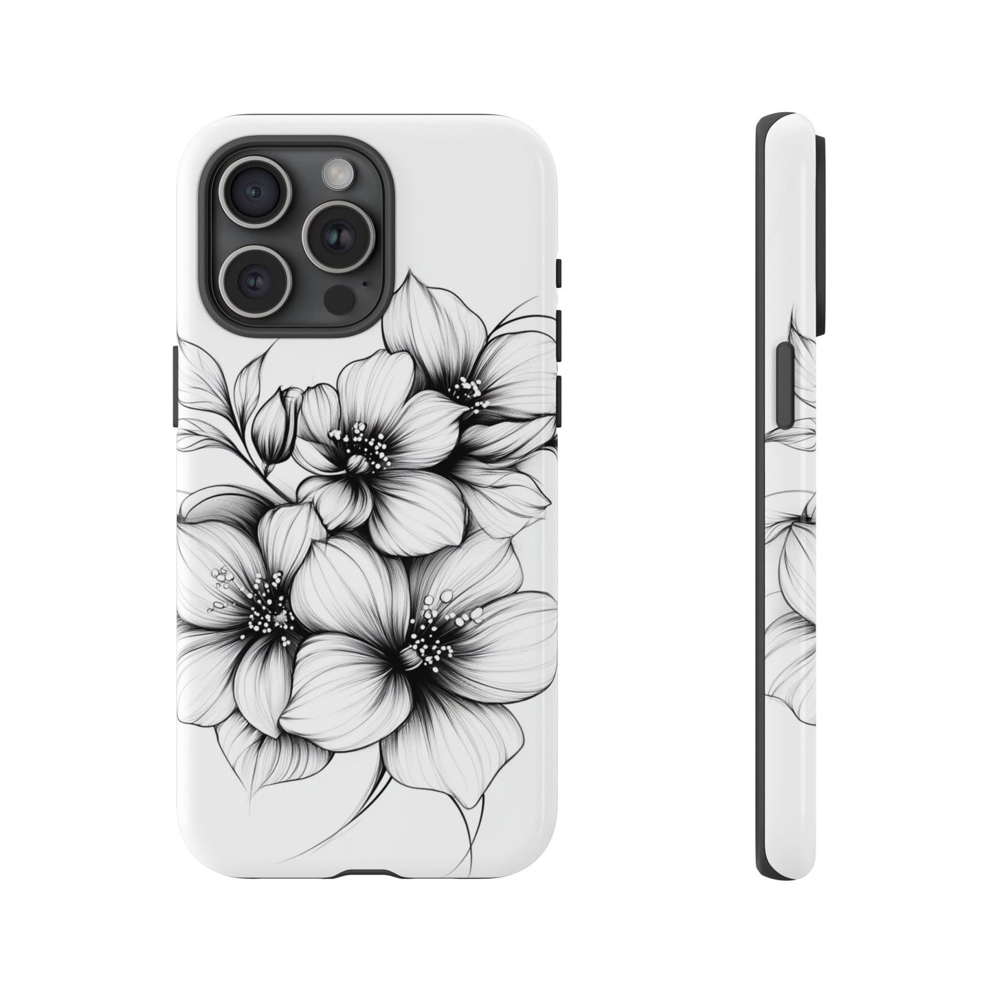Floral Sketch Tough Case — Black & White Hand-Drawn Blossom Phone Cover