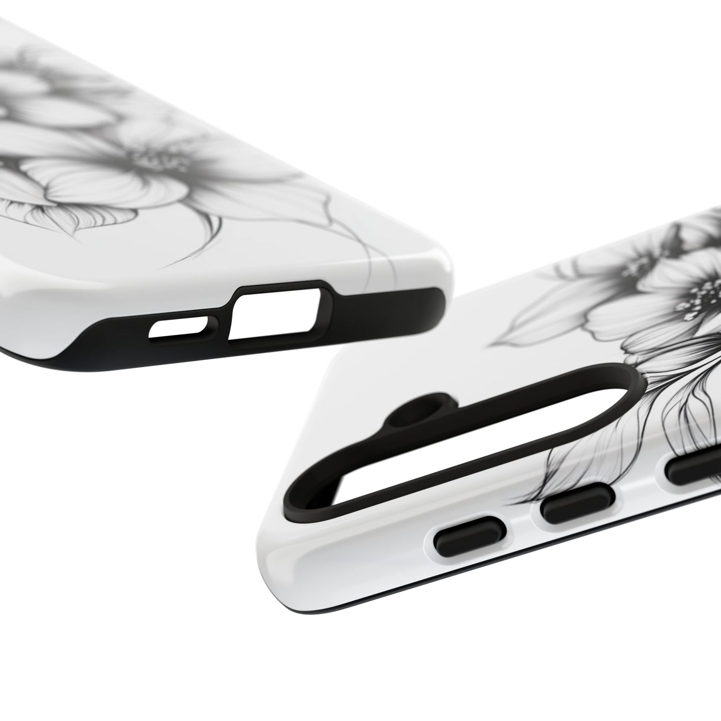 Floral Sketch Tough Case — Black & White Hand-Drawn Blossom Phone Cover