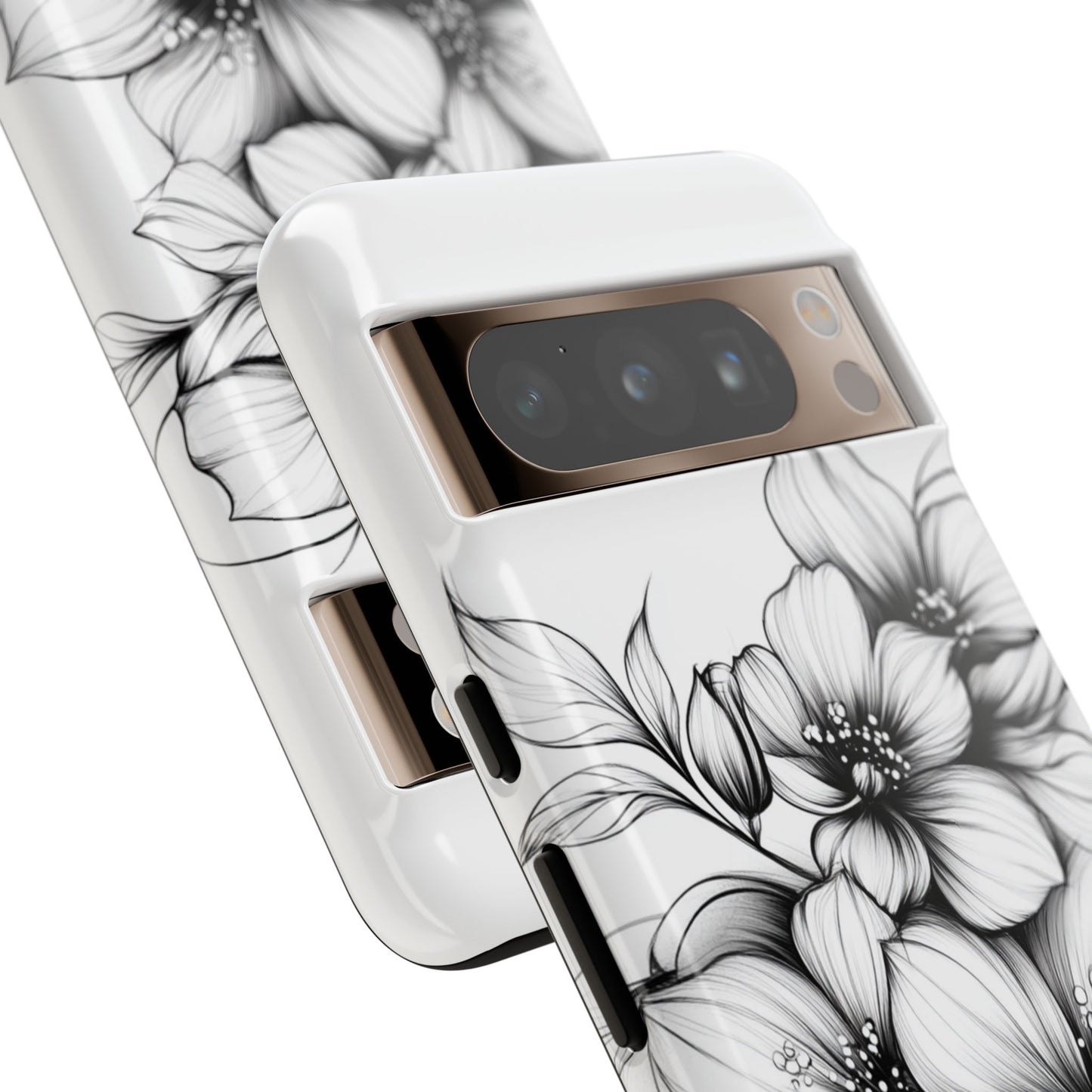 Floral Sketch Tough Case — Black & White Hand-Drawn Blossom Phone Cover