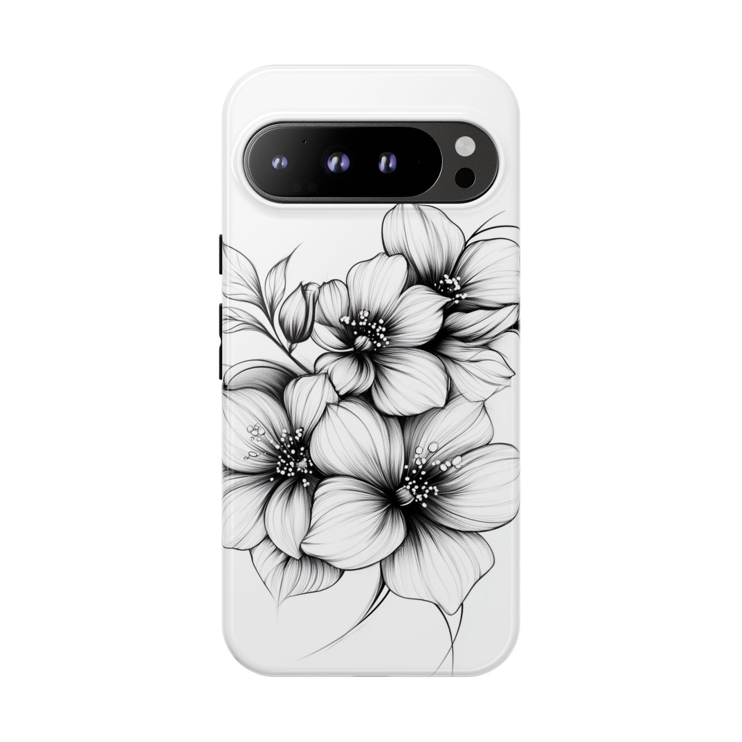 Floral Sketch Tough Case — Black & White Hand-Drawn Blossom Phone Cover