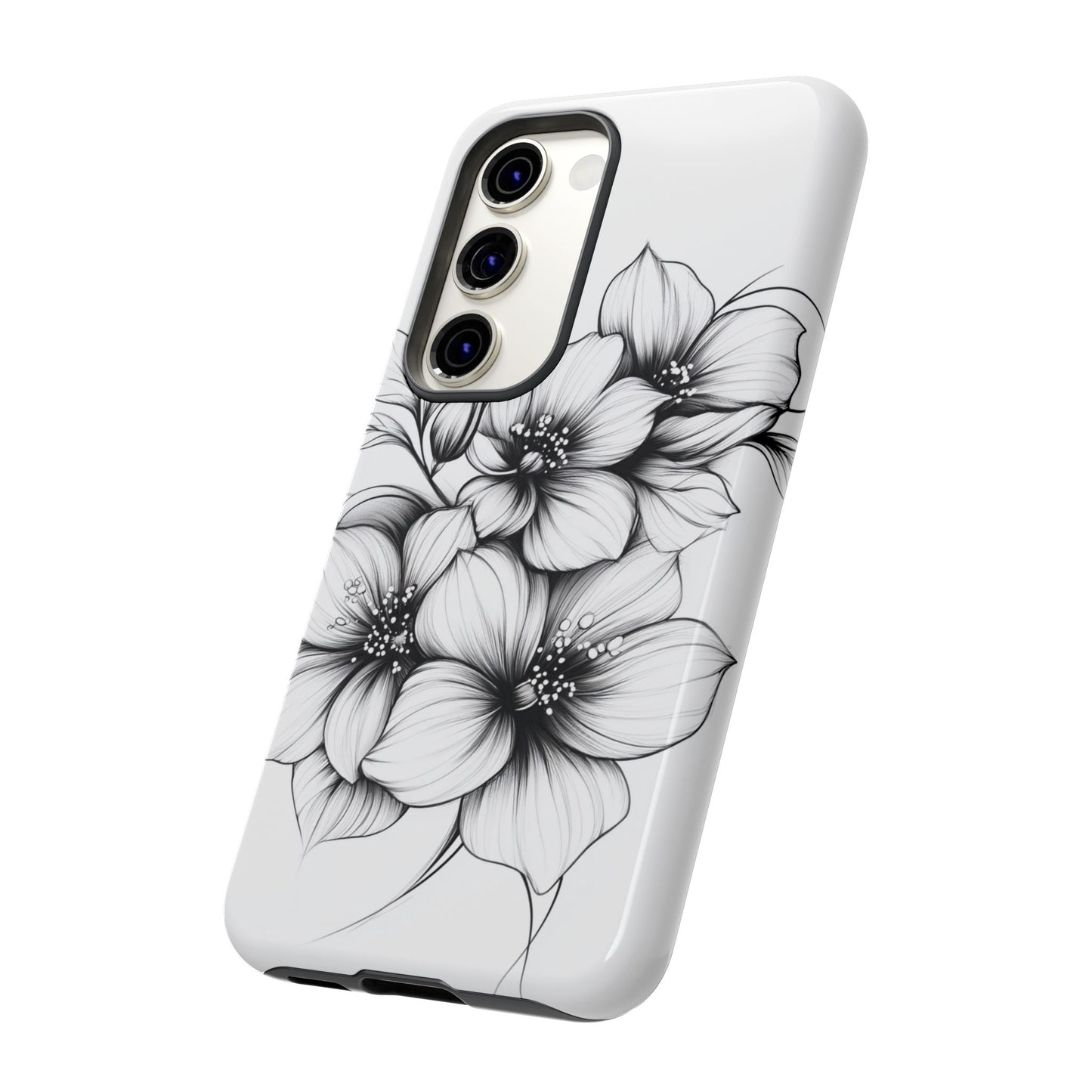 Floral Sketch Tough Case — Black & White Hand-Drawn Blossom Phone Cover