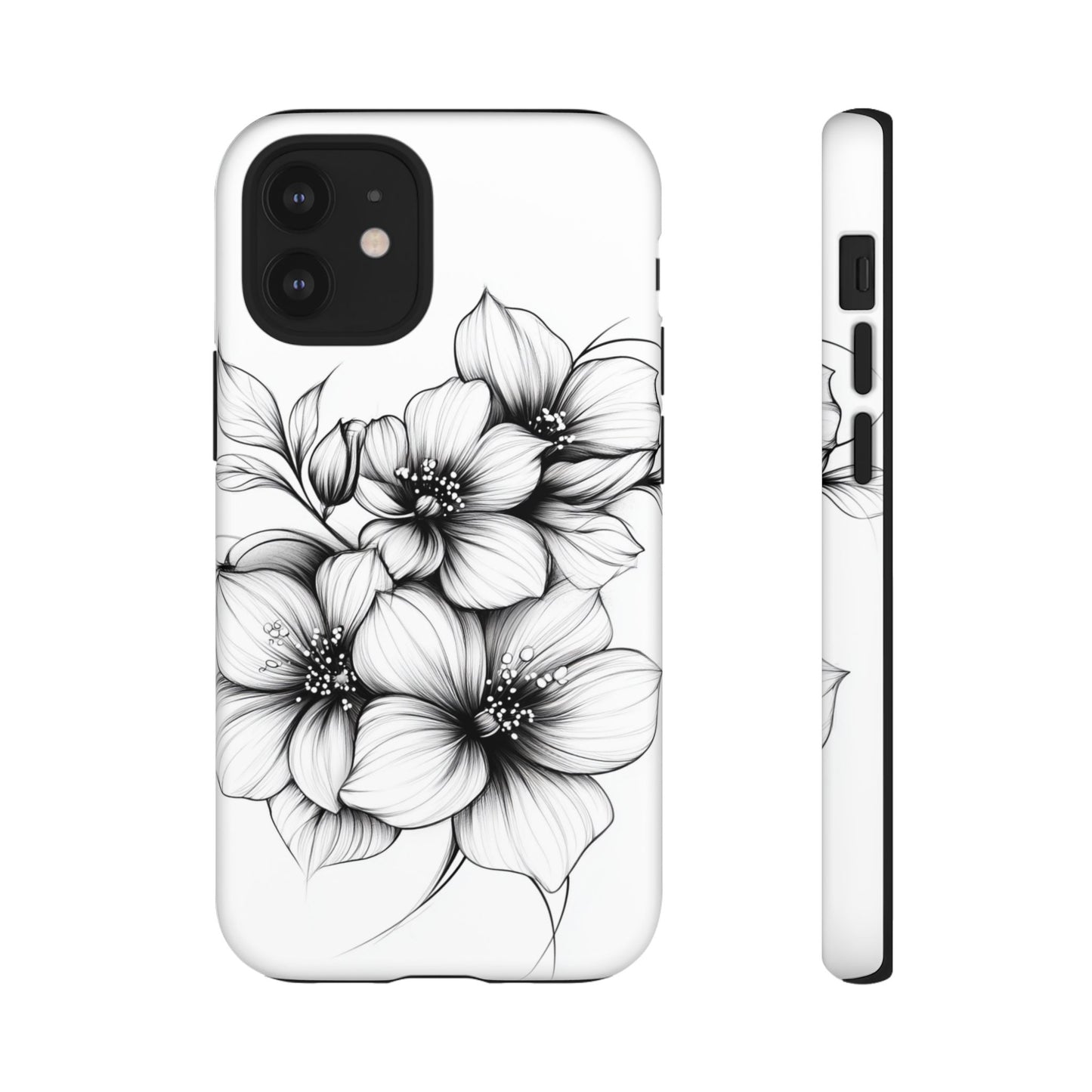 Floral Sketch Tough Case — Black & White Hand-Drawn Blossom Phone Cover
