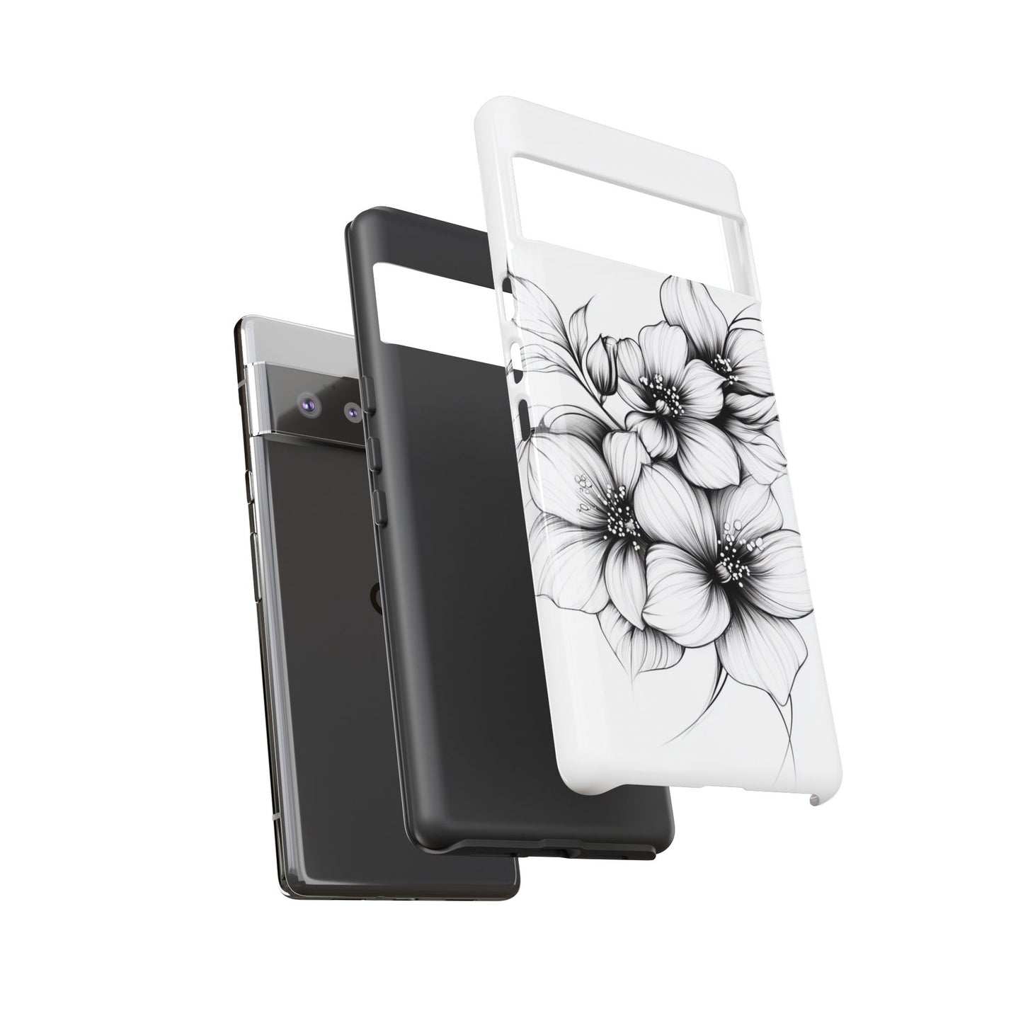 Floral Sketch Tough Case — Black & White Hand-Drawn Blossom Phone Cover